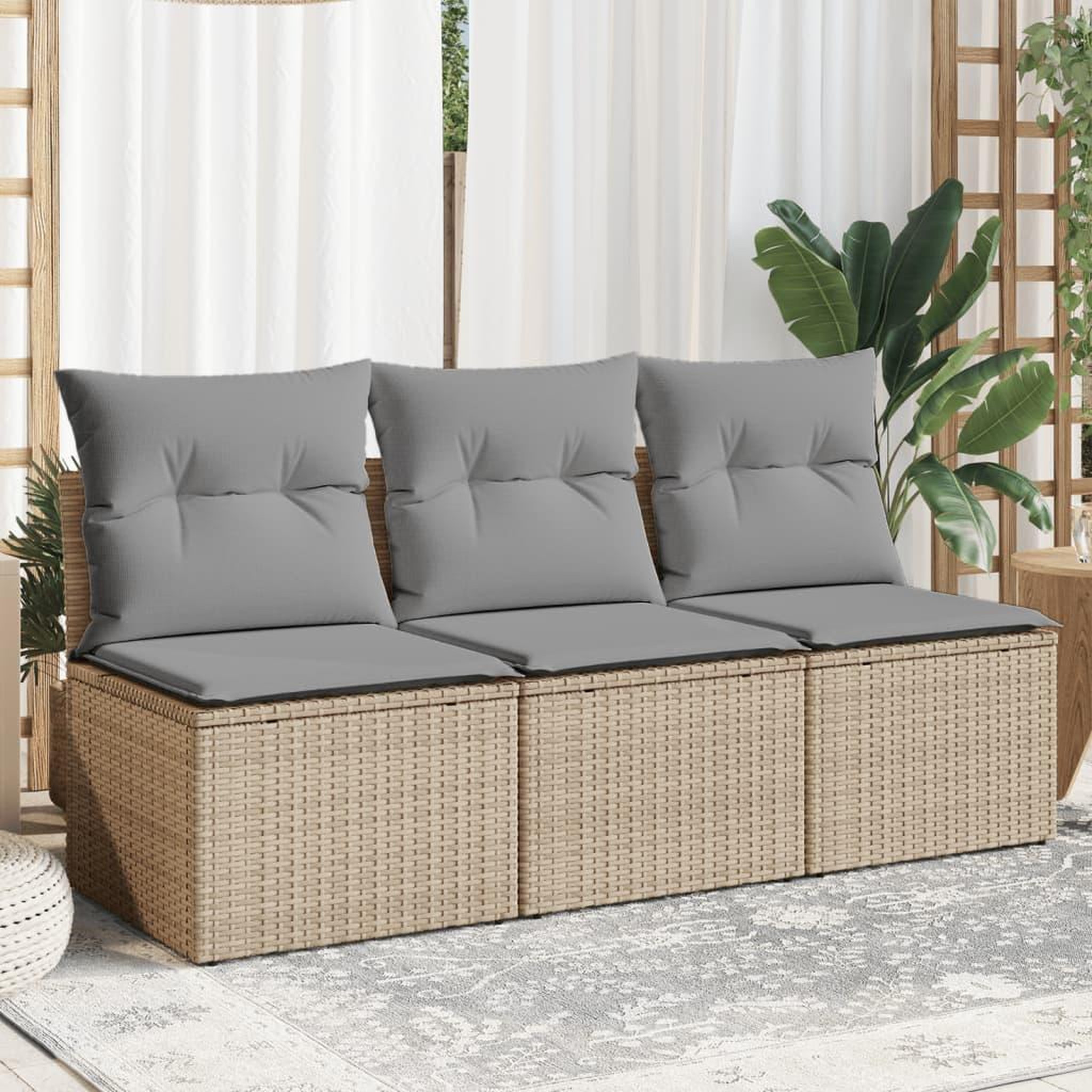 VIDAXL Canape de jardin avec coussins 3 places beige resine tressee