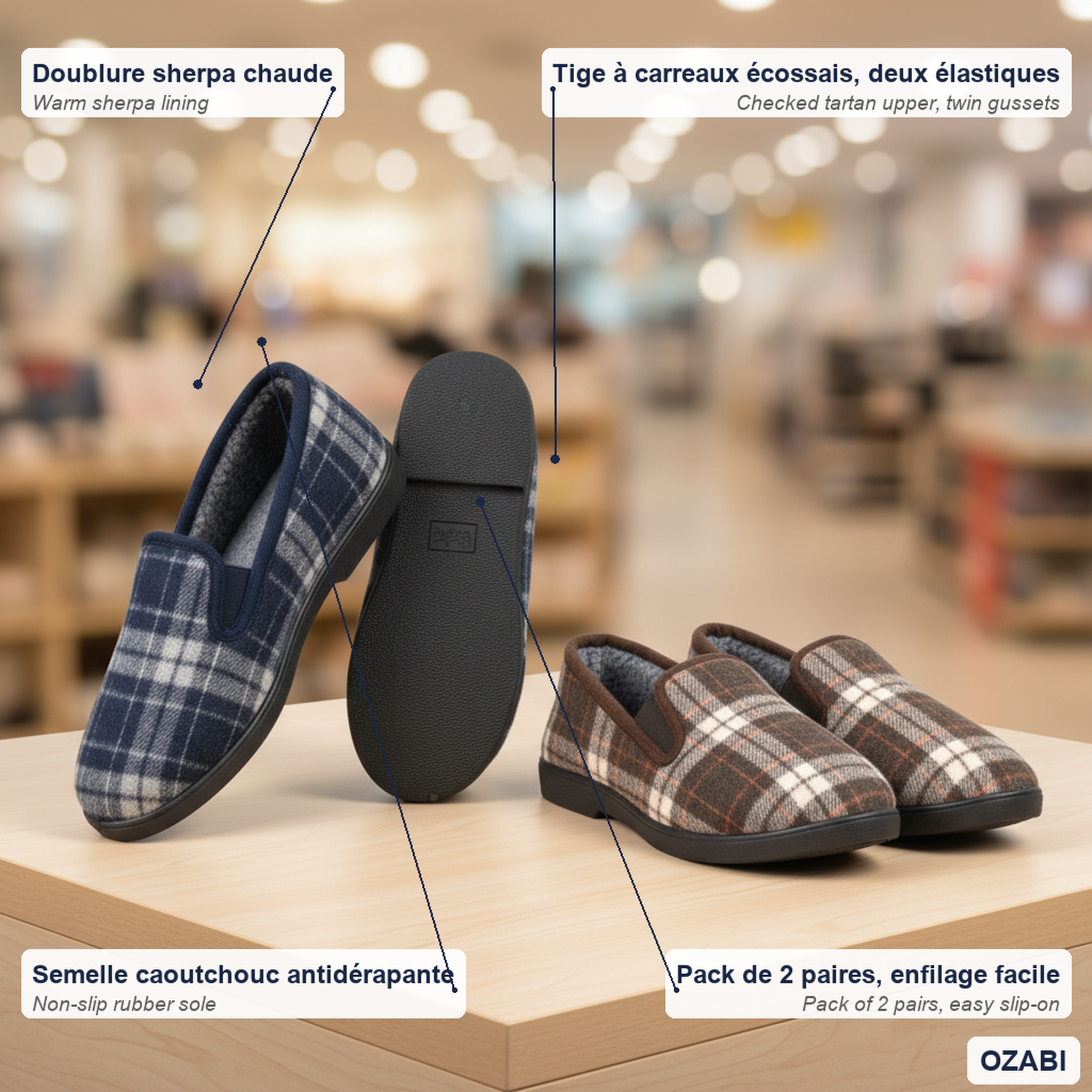 Voir la diapositive 5 : OZABI Ozabi pantoufles charentaises homme pack de 2 paires semelle antidérapante