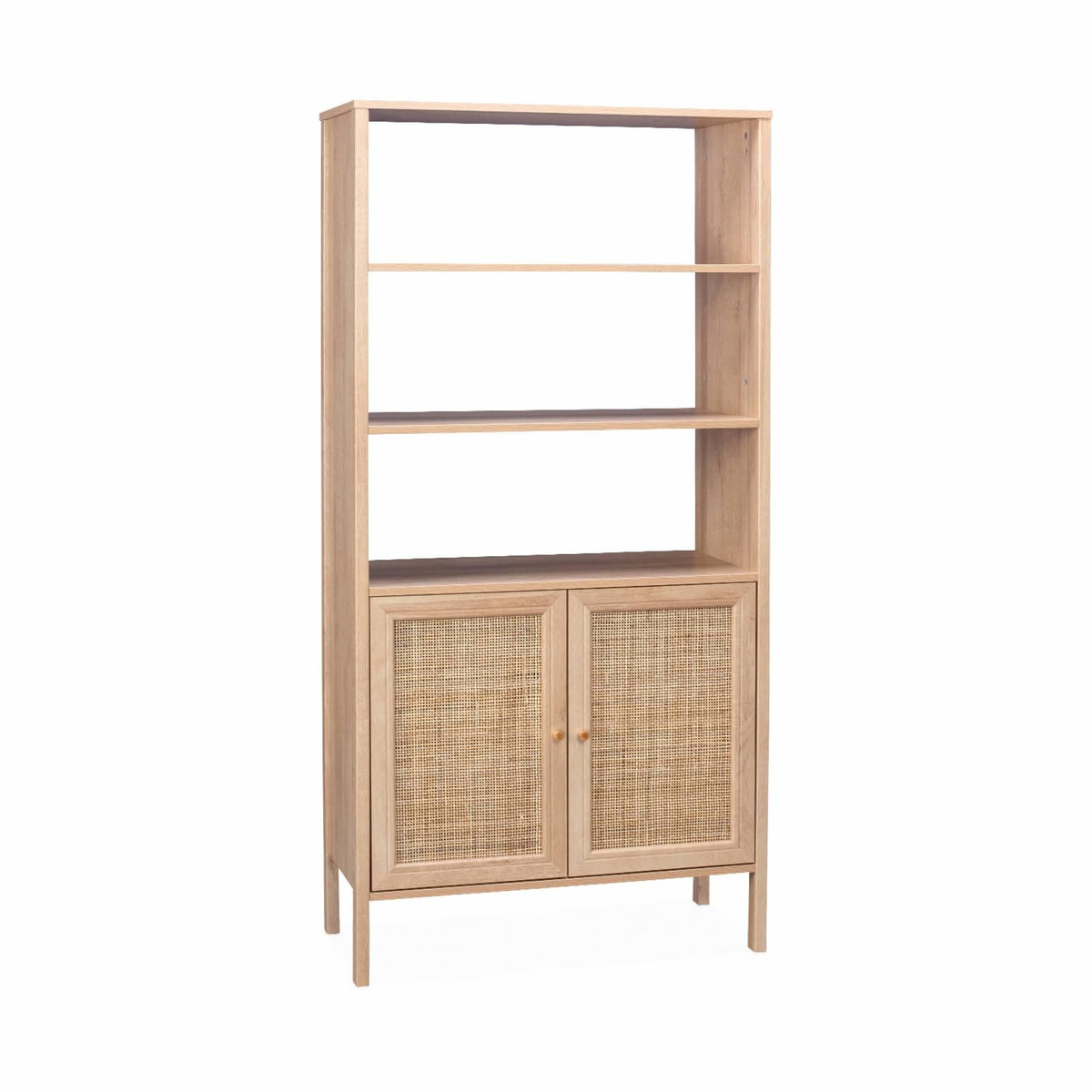 SWEEEK Bibliothèque décor bois et cannage - Bohème - 4 niveaux. 2 portes. 5 étagères