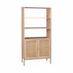 SWEEEK Bibliothèque décor bois et cannage - Bohème - 4 niveaux. 2 portes. 5 étagères