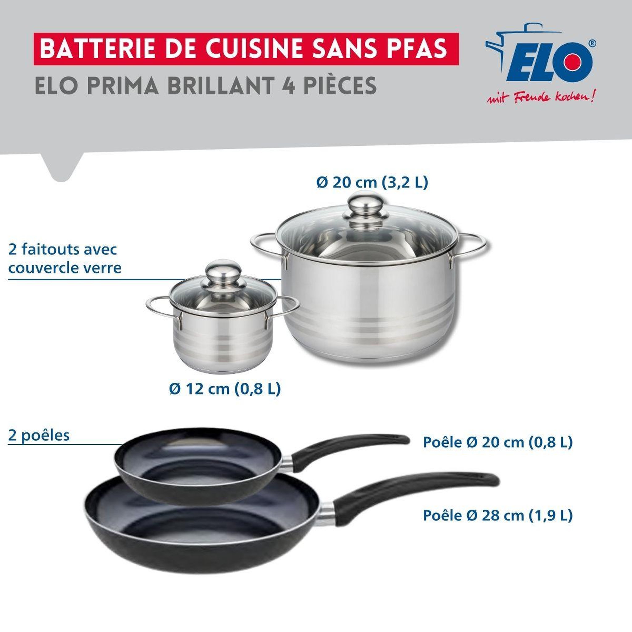 Voir la diapositive 2 : ELO Ensemble de 2 poêles de cuisson 20 et 28 cm et 2 faitouts 12 et 20 cm elo prima brillant