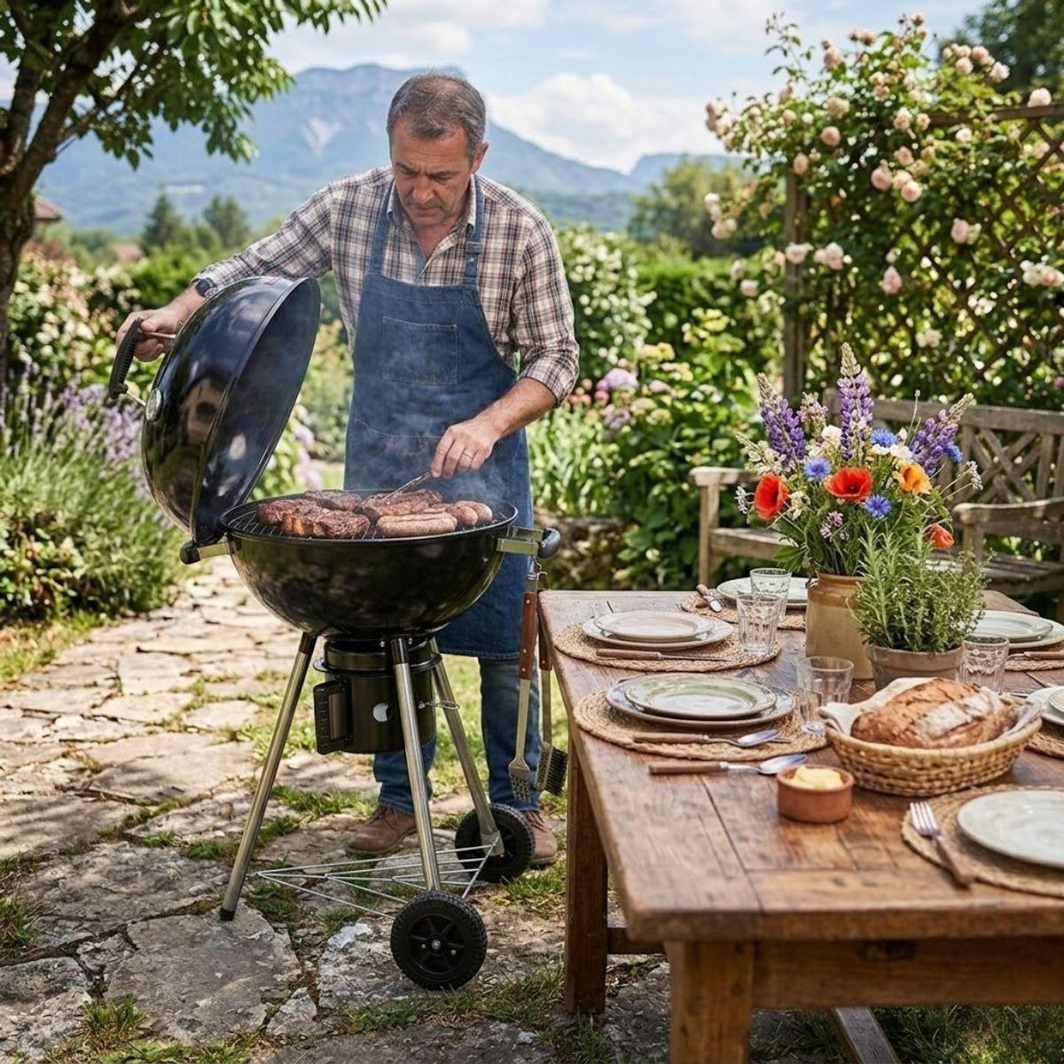 INTEC Barbecue à Charbon de Bois sur Trépied Ø57cm Grille Cuisson & Couvercle Thermostat Bac à cendres Barbecue rond 2 roues INTEC