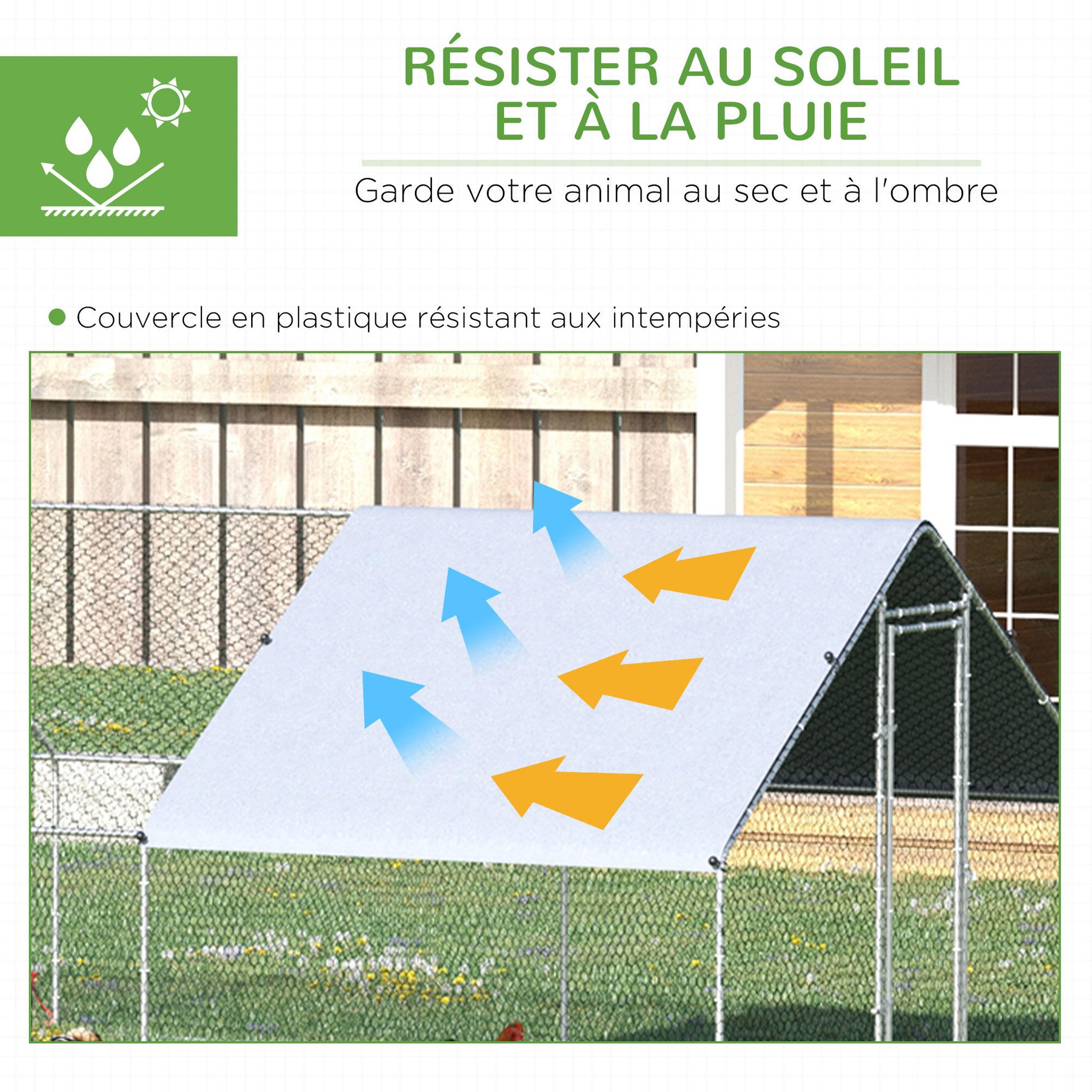 Voir la diapositive 5 : PAWHUT Enclos poulailler chenil 24 m² - parc grillagé dim. 8L x 3l x 2H m - double espace couvert - acier galvanisé