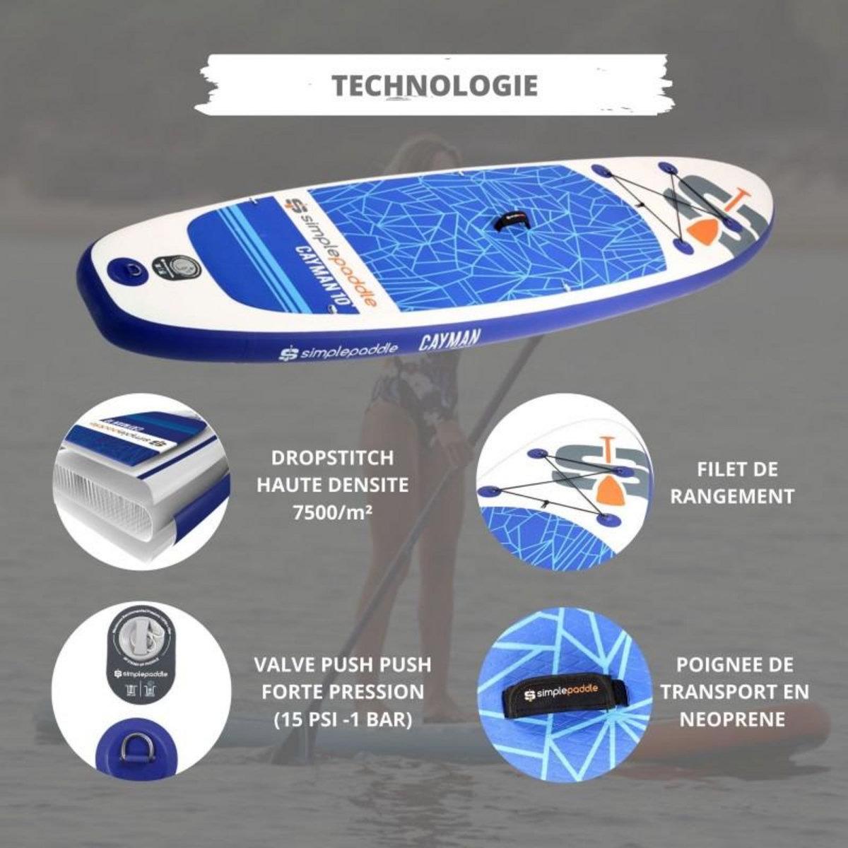 SIMPLE PADDLE Paddle Gonflable CAYMAN 10' 30'' 6  (300 x 76 x 15 cm) avec Pagaie, Leash, Pompe et Sac de Transport