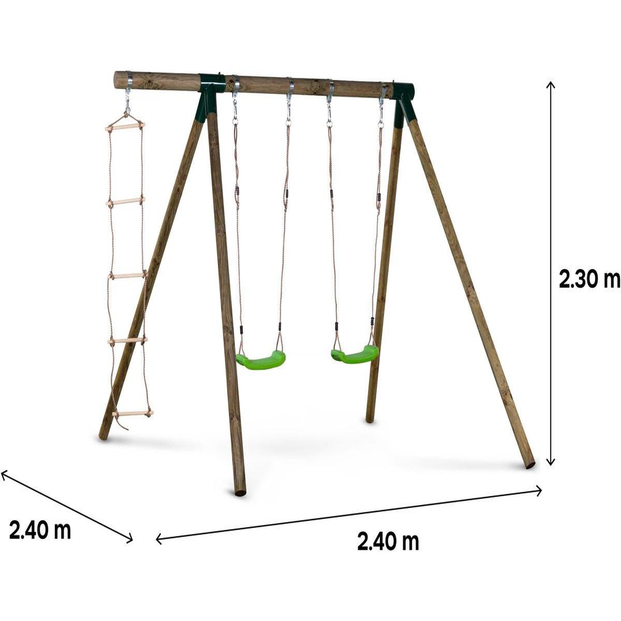 Voir la diapositive 4 : Habitat et Jardin Portique bois  timo  - avec 2 balançoires et 1 échelle de corde.