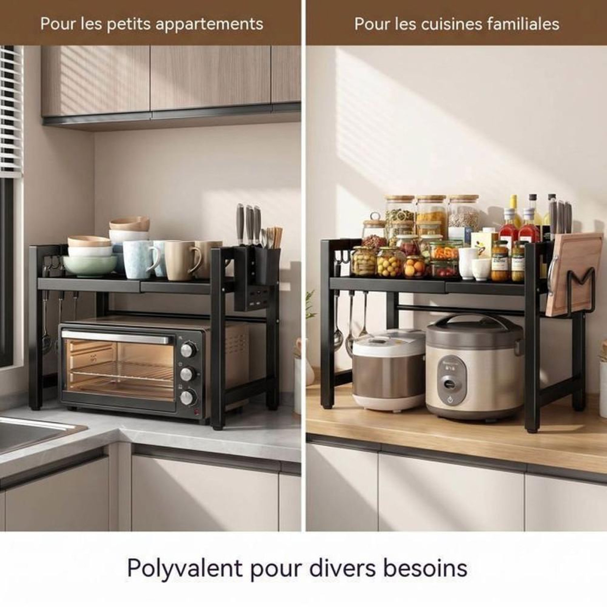 Voir la diapositive 5 : NO BRAND Support micro-ondes extensible noir en métal avec rangement de comptoir pliable, largeur 36 à 58 cm (jusqu'à 40 à 64 cm)