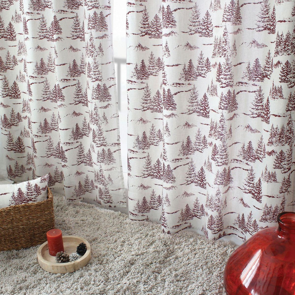 TOILINUX Rideau imprimé sapins EBENE