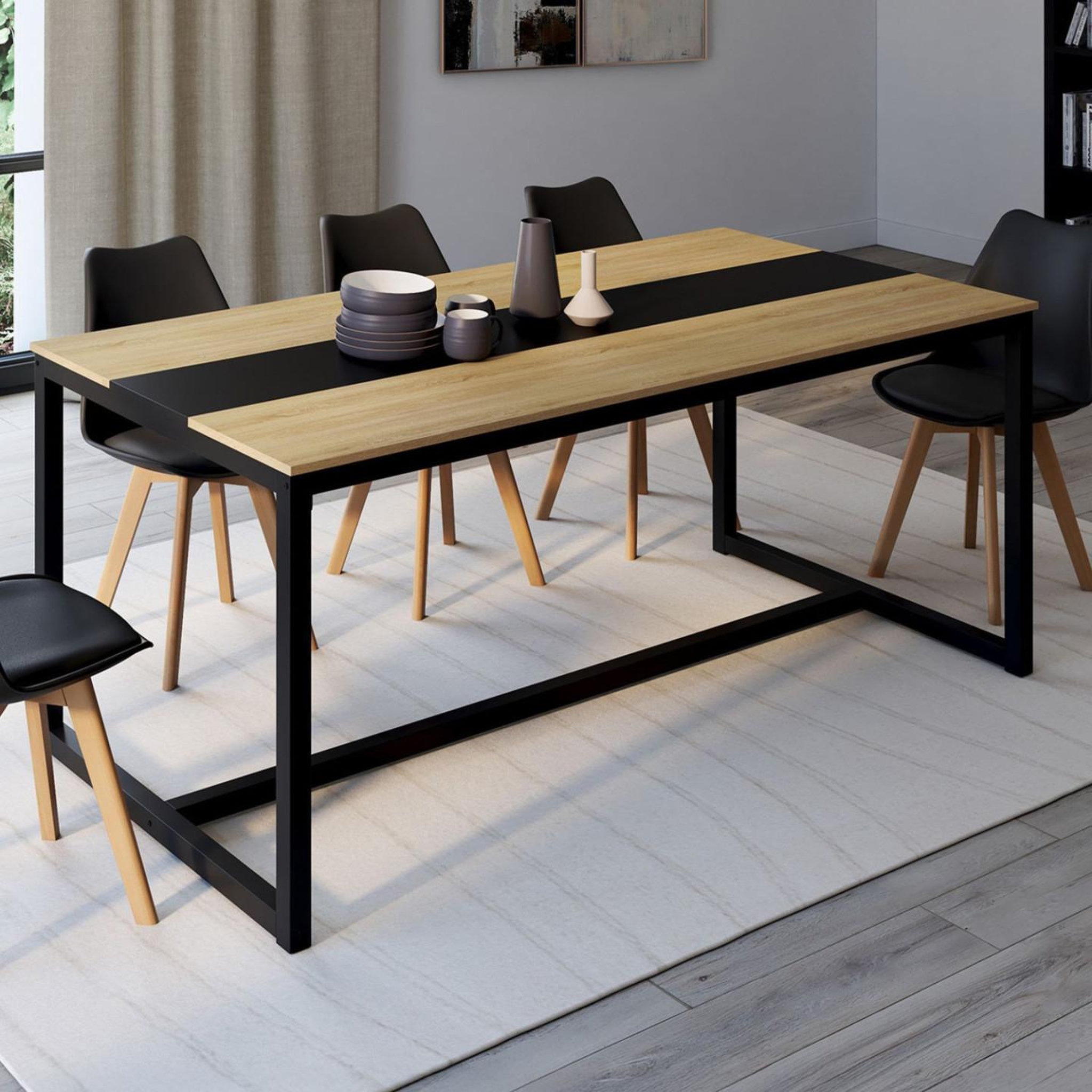 Voir la diapositive 2 : ID MARKET Table à manger rectangle dover 8 personnes bande centrale noire design industriel 180 cm
