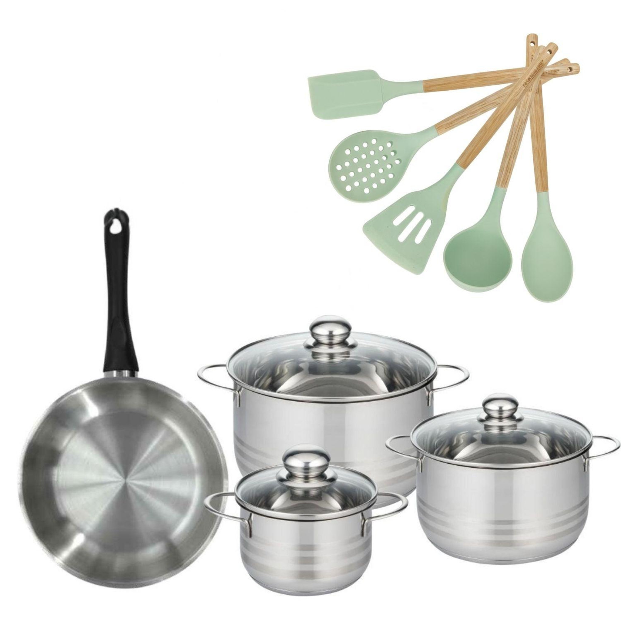 Fackelmann Batterie de cuisine avec 3 faitouts 16/20/24 cm et 1 poêle 24 cm avec 5 ustensiles de cuisine fackelmann généva brillant ocean
