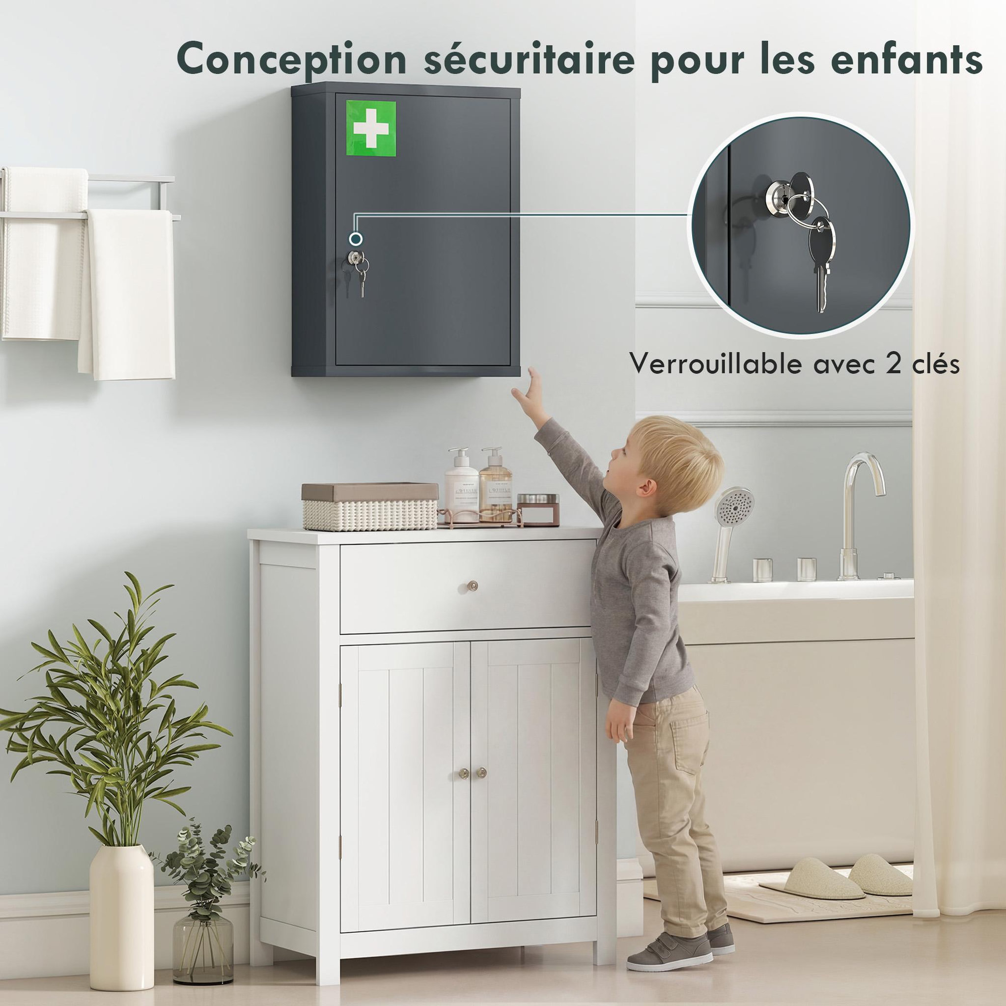 Voir la diapositive 6 : KLEANKIN Armoire à pharmacie murale verrouillable porte 2 étagères 3 niv. 40 x 15 x 53 cm acier gris