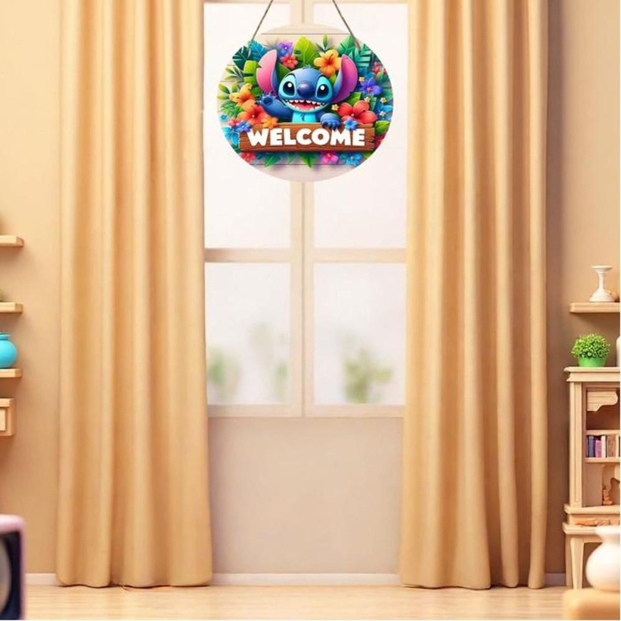 Voir la diapositive 4 : panneau décoratif suspendu rond WELCOME en bois imprimé multicolore, motif couture et personnage cartoon, fleurs et feuilles tropicales, pour portes et fenêtres, 20 cm
