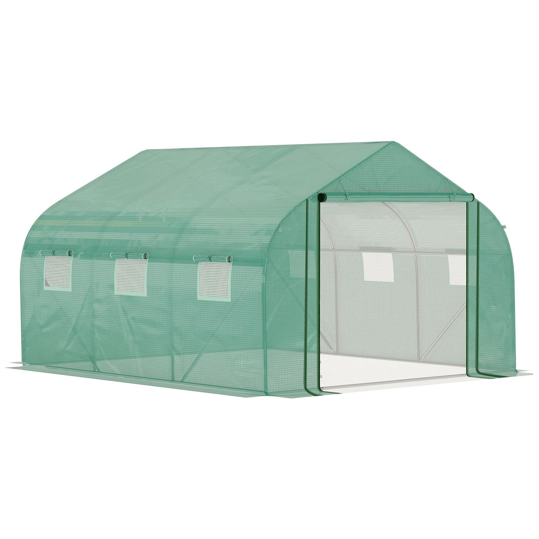 OUTSUNNY Serre tunnel de jardin grande taille dim. 3,47l x 3l x 2h m - 6 fenêtres et porte zippée enroulable - acier galvanisé pe haute densité vert