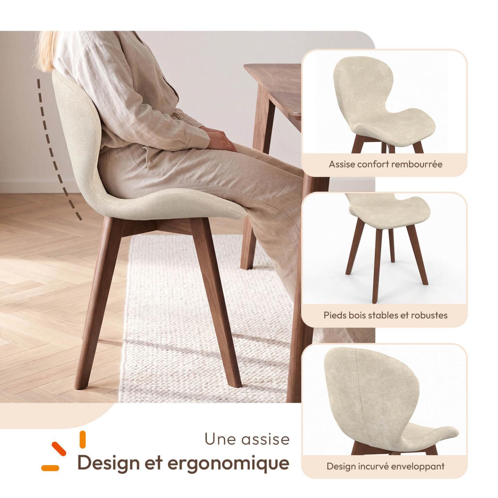 Voir la diapositive 3 : ID MARKET Lot de 6 chaises robine en tissu chenille beige pieds noyer
