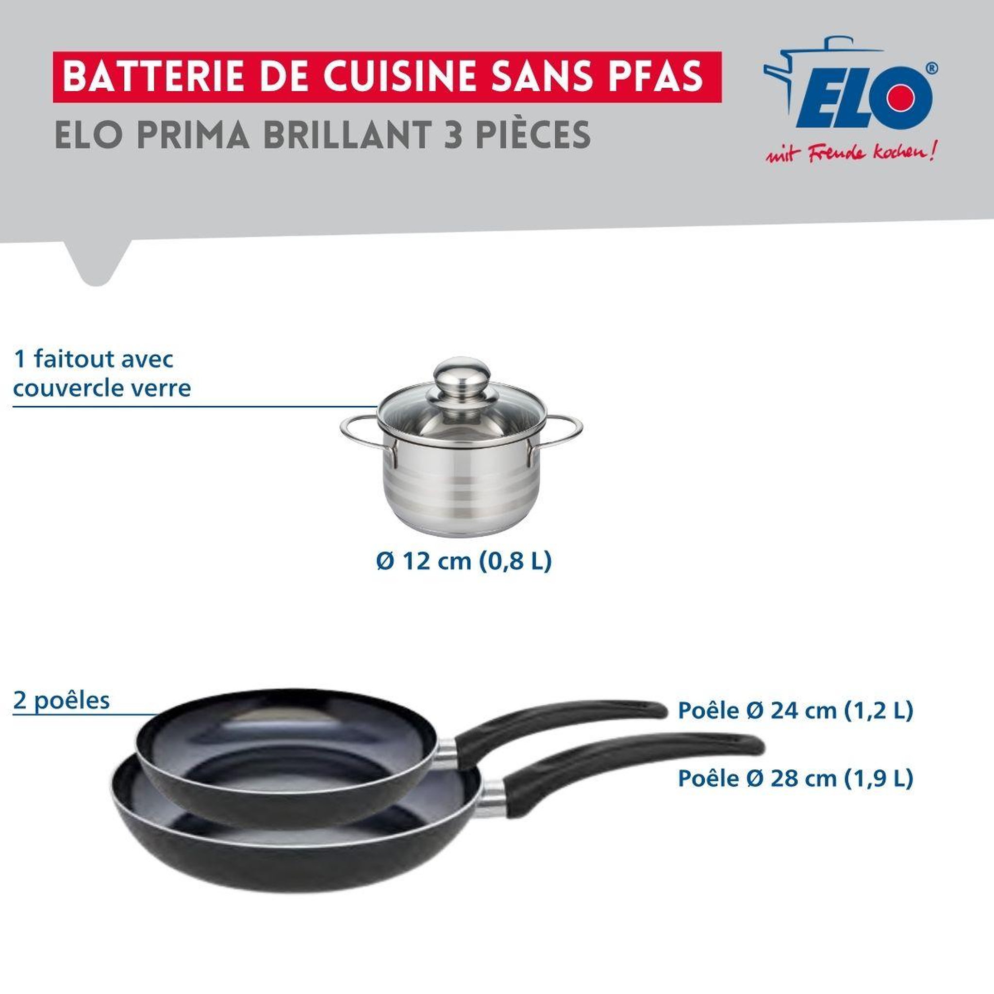 Voir la diapositive 2 : ELO Ensemble de 2 poêles de cuisson 24 et 28 cm et 1 faitout 12 cm elo prima brillant