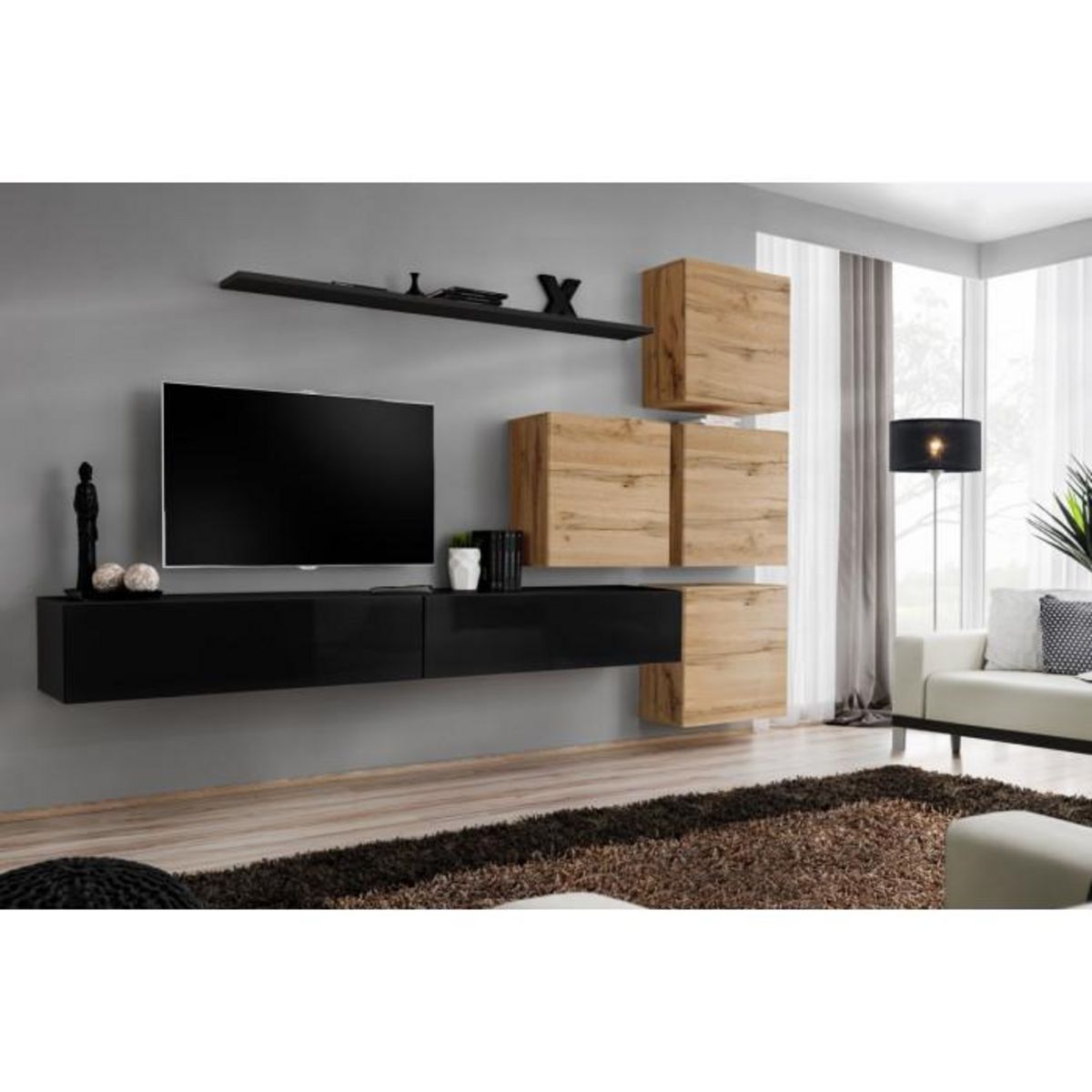 Paris Prix Meuble TV Mural Design  Switch IX  310cm Noir & Naturel