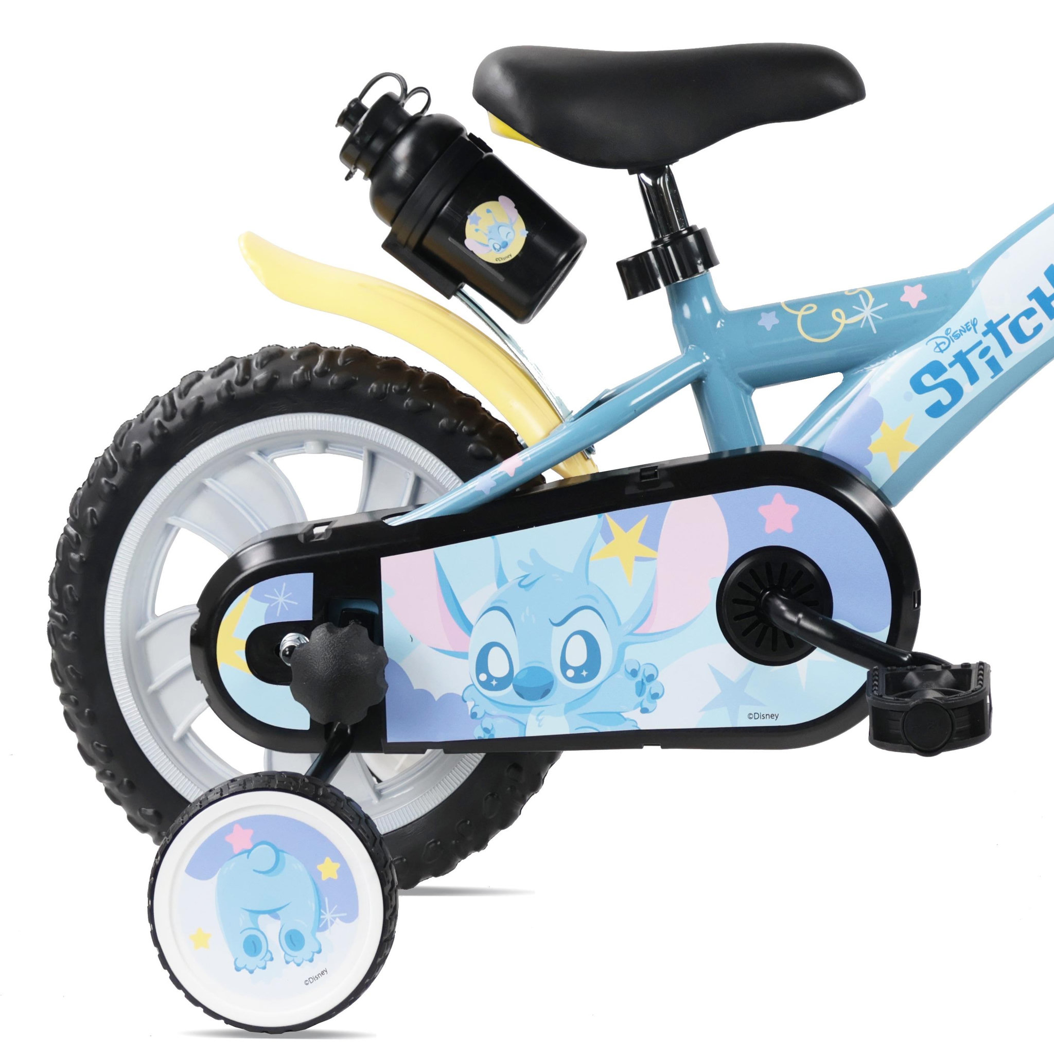 Voir la diapositive 4 : DISNEY Vélo enfant 12'' STITCH ( <90 cm) équipé de 1 frein , plaque avant décorative , bidon arrière, stabilisateurs & pneus increuvables.