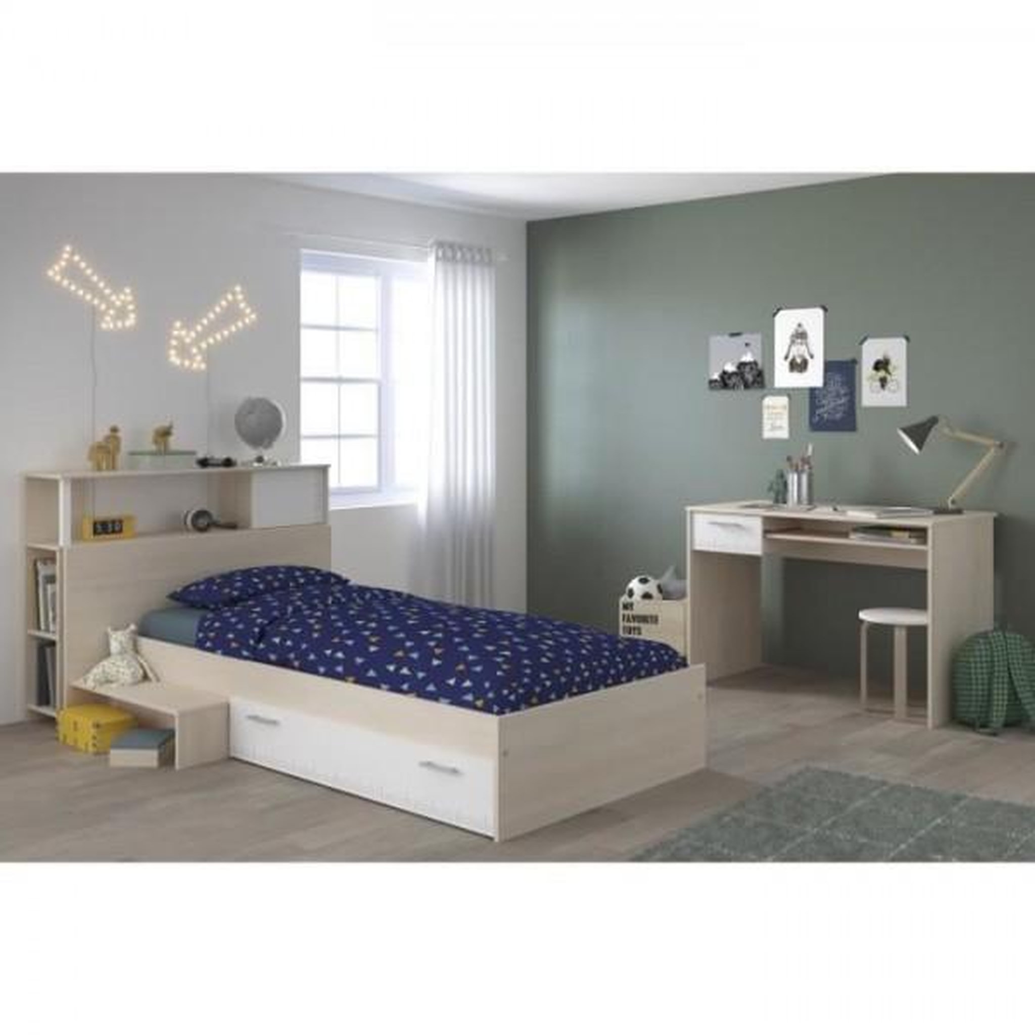 PARISOT PARISOT Chambre enfant complete Tete de lit + lit + bureau - Style contemporain - Décor acacia clair et blanc - CHARLEMAGNE