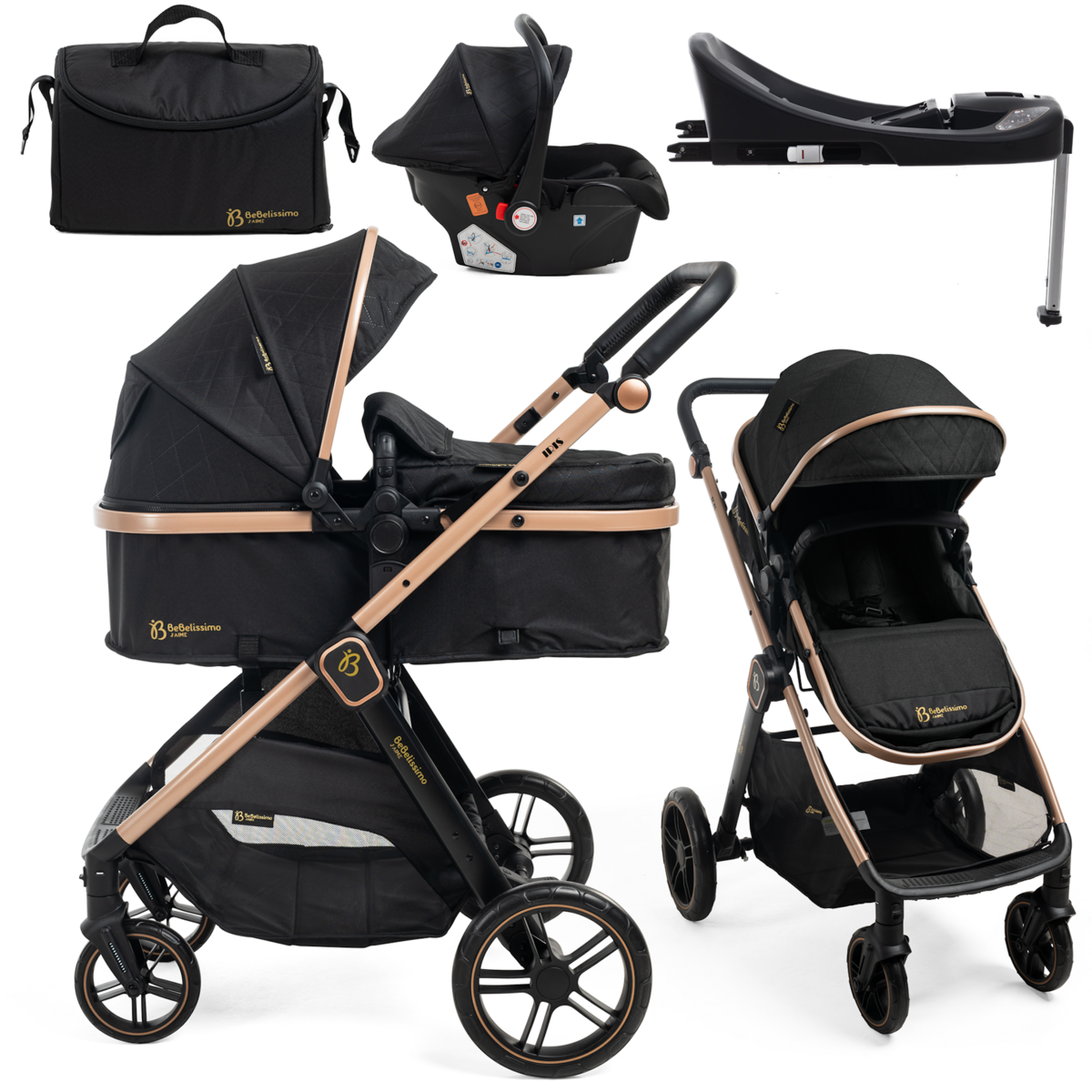 BEBELISSIMO Poussette combinée trio 3 en 1 - siège auto 0+ IRIS – nacelle – base Isofix - jambe de force – jusqu'à 22kg  - noir