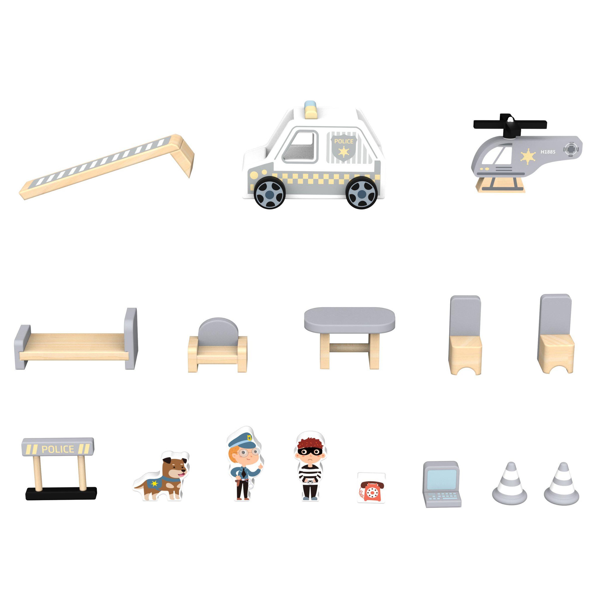 Voir la diapositive 5 : MAMABRUM Poste de Police en Bois avec Accessoires, Voiture, Hélicoptère et Figurines, dès 3 Ans