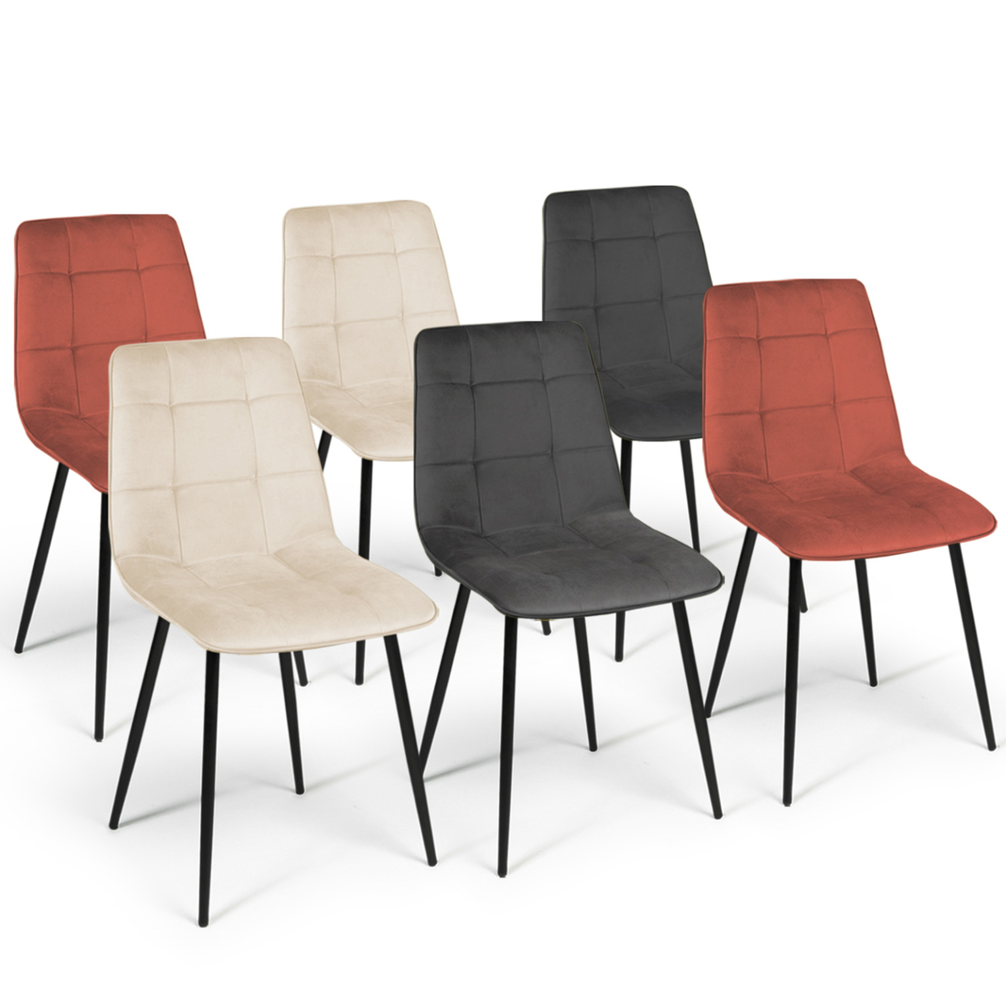 ID MARKET Lot de 6 chaises mila en velours mix color terracotta x2, gris foncé x2 et beige x2