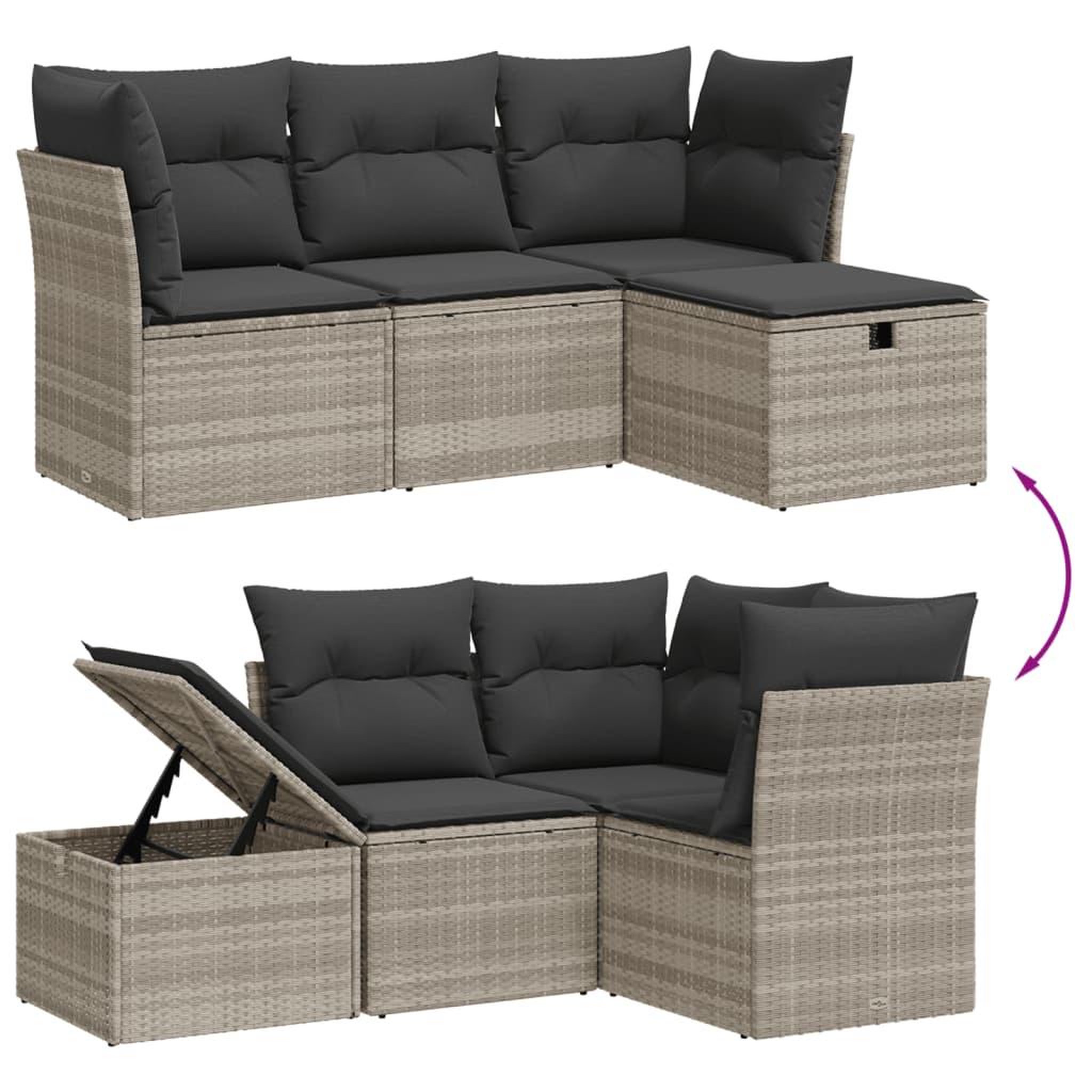 Voir la diapositive 3 : VIDAXL Salon de jardin 4 pcs avec coussins gris clair resine tressee
