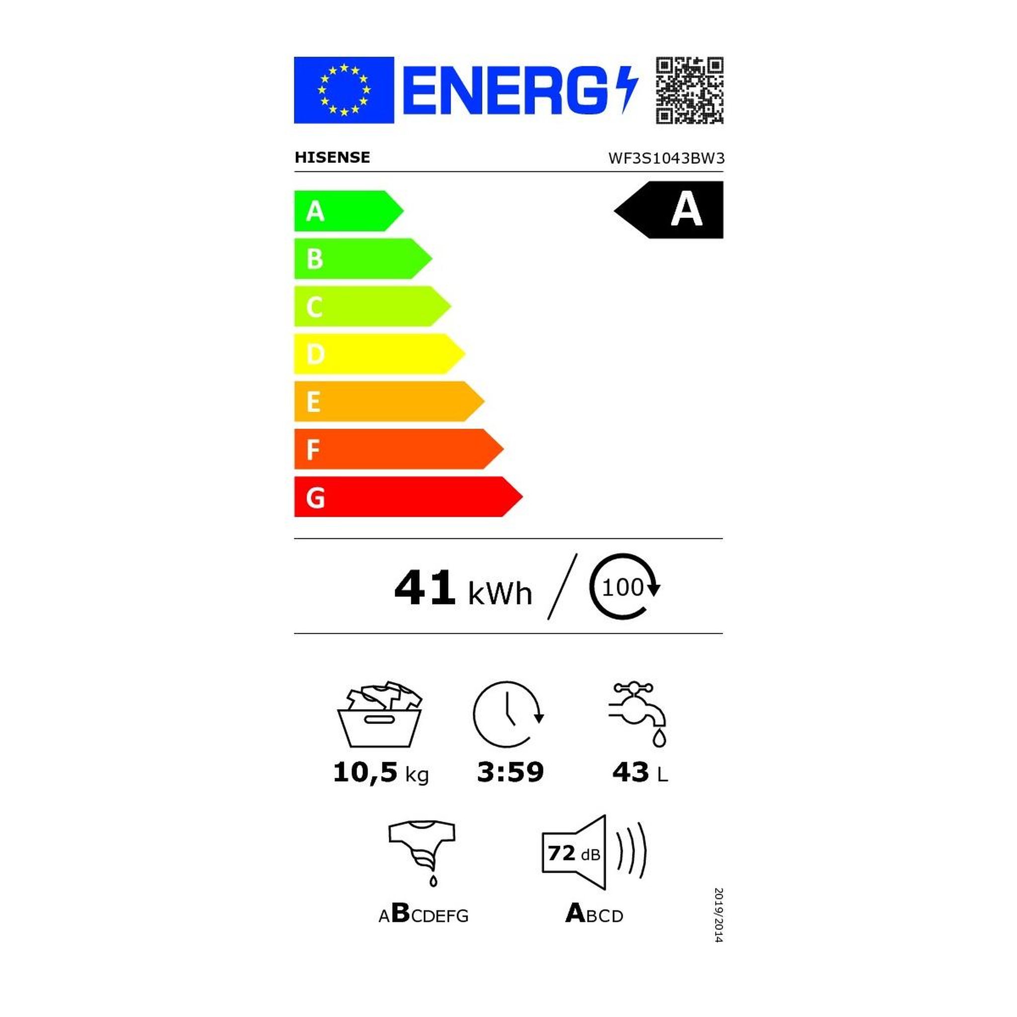 Voir la diapositive 2 : Hisense Lave-linge frontal 10.5kg 1400 tours/min - wf3s1043bw3