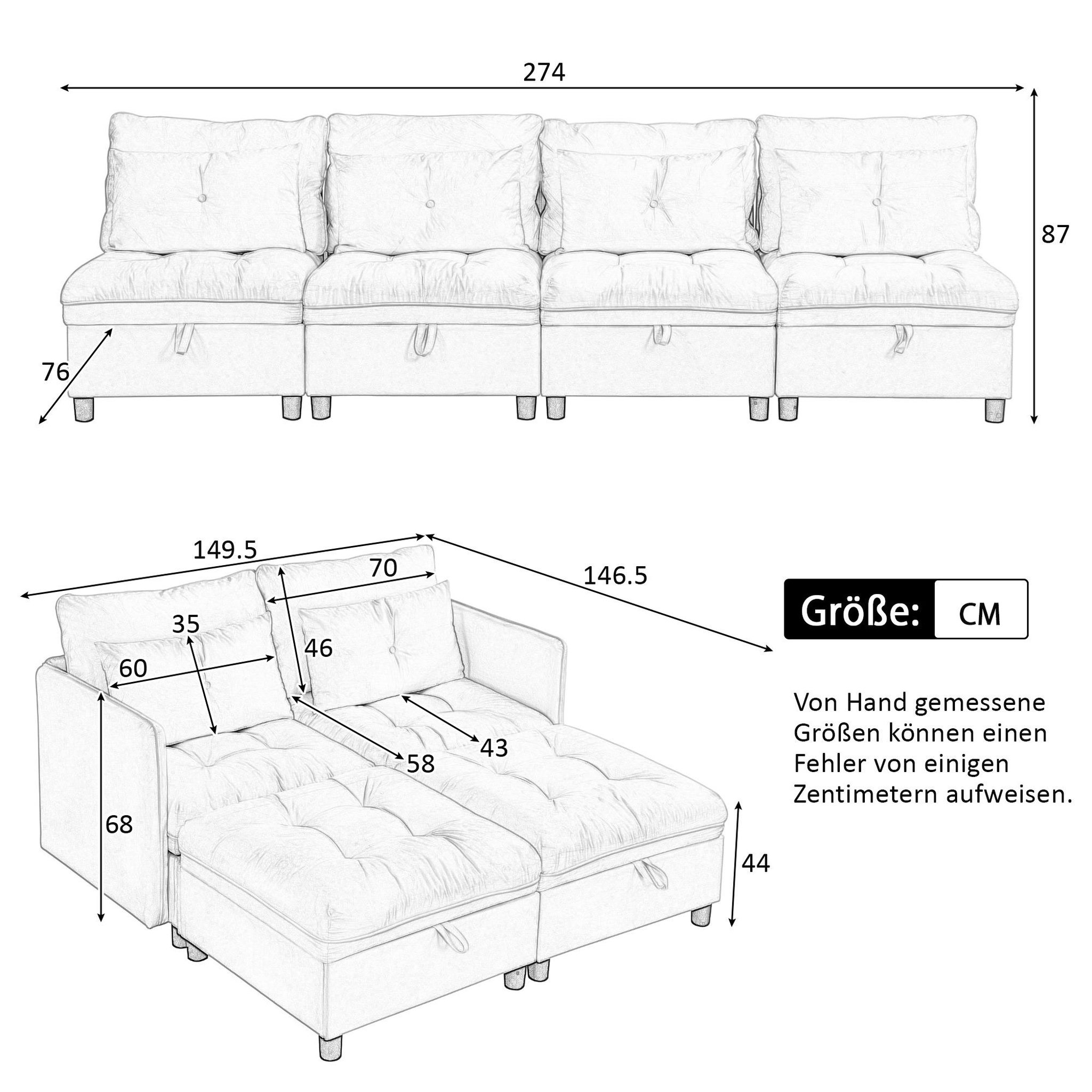 Voir la diapositive 3 : MERAX Canapé droit convertible 4 places tissu