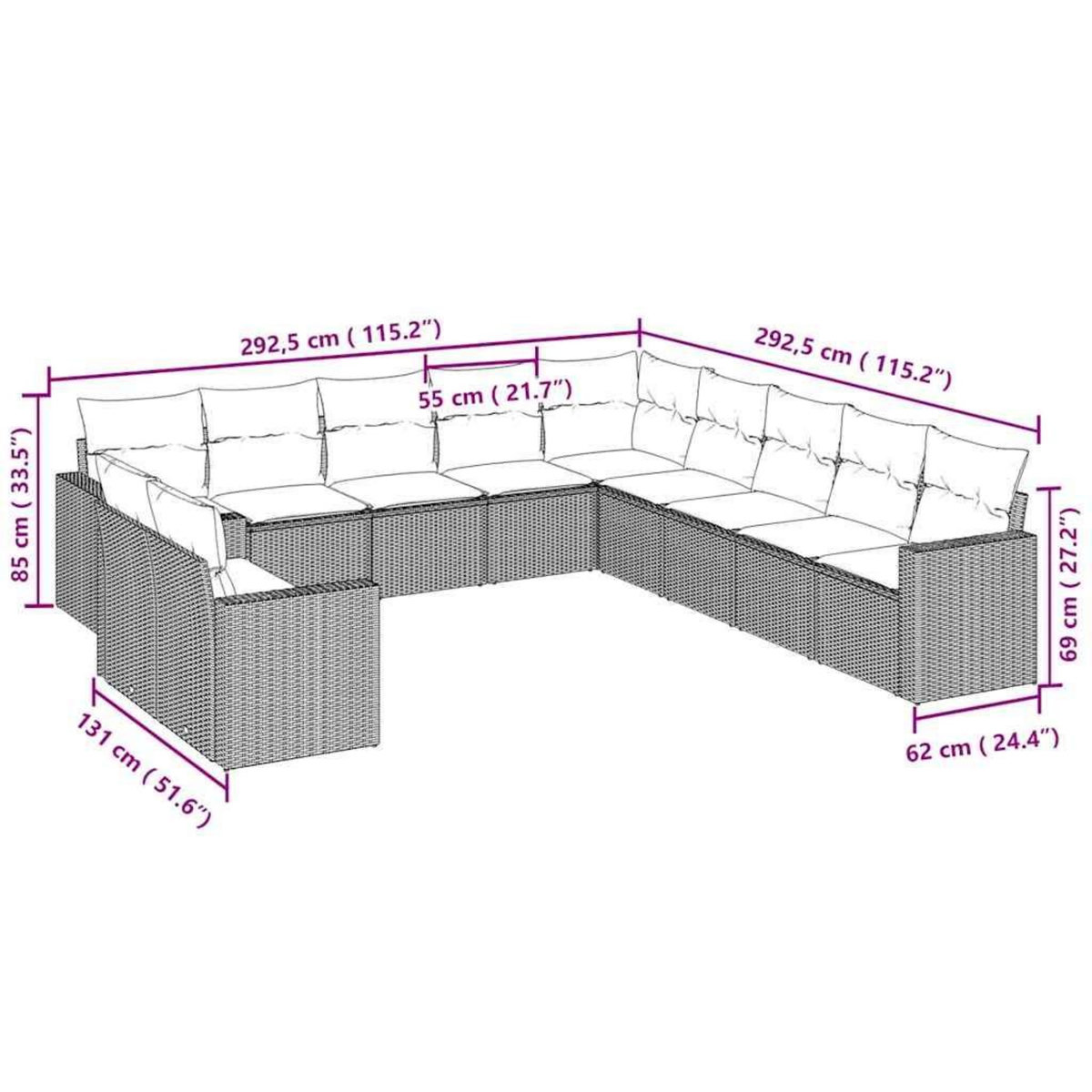 VIDAXL Salon de jardin 11 pcs avec coussins gris clair resine tressee