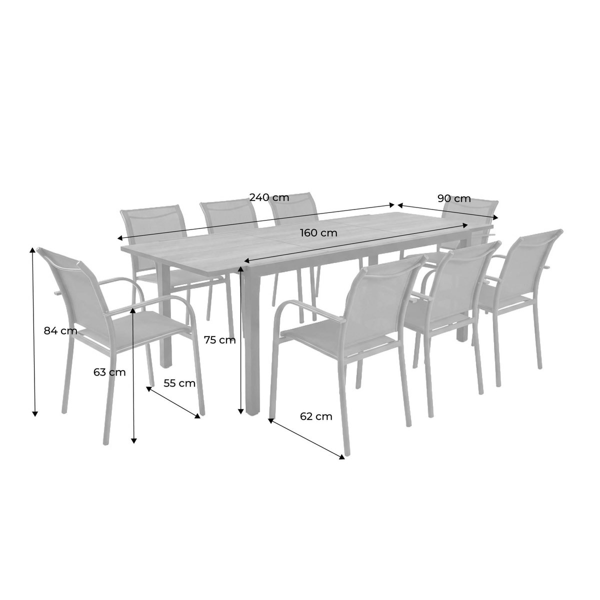 SWEEEK Table de jardin extensible aluminium effet bois + 8 assises anthracite - Nashville / Amara