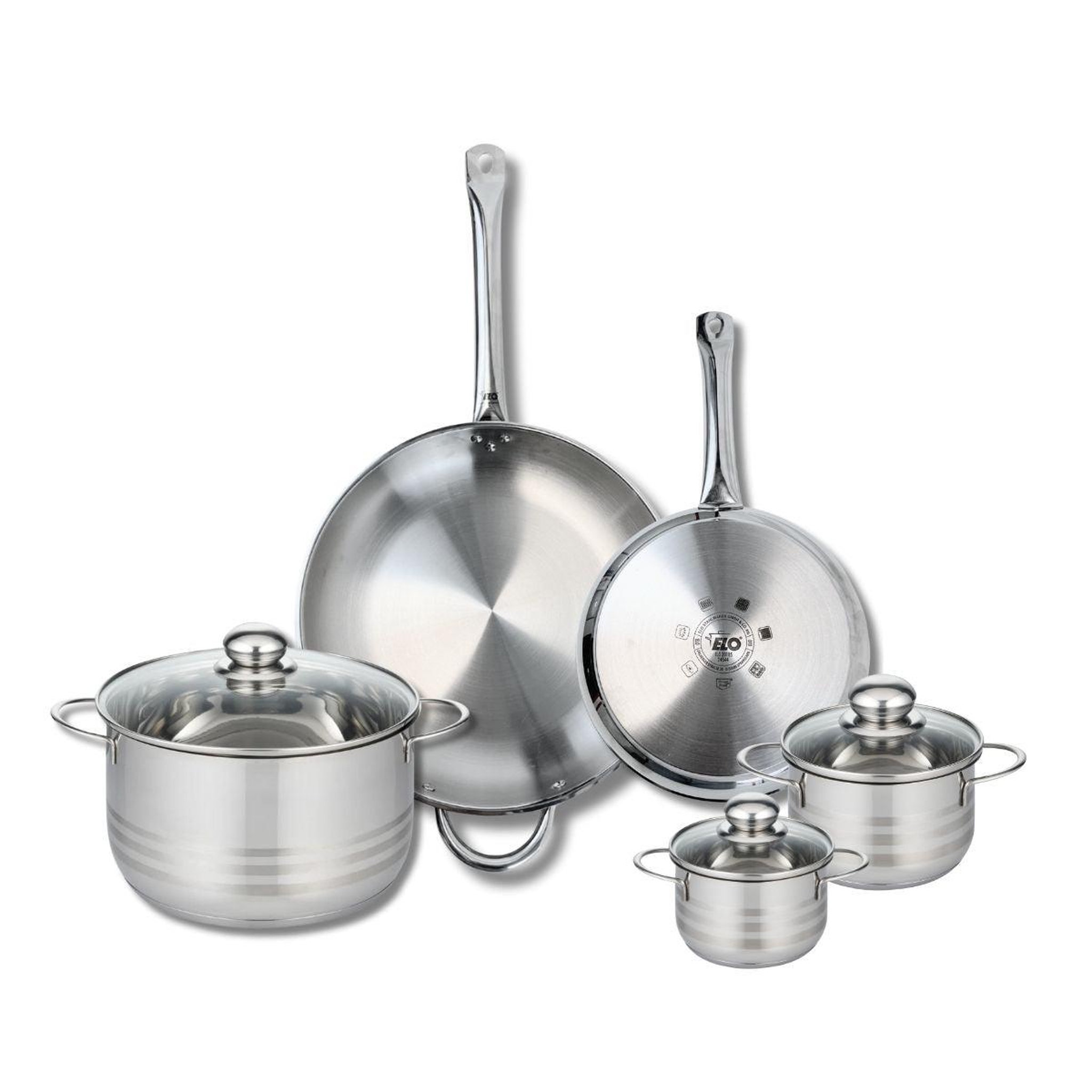 ELO Ensemble de 2 poêles de cuisson 24 et 32 cm et 3 faitouts 12, 14 et 24 cm elo profi brillant