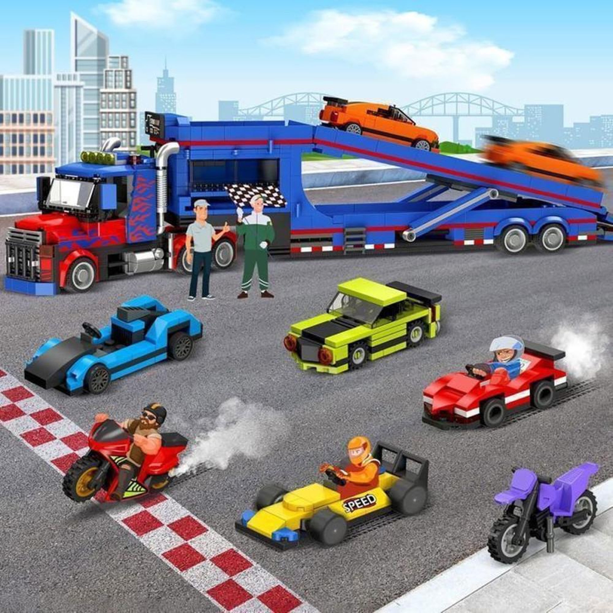 Voir la diapositive 4 : Jeu de construction camion transporteur 1050 pièces avec rampe ajustable, cabines ouvrante et toit amovible, atelier et mini voitures