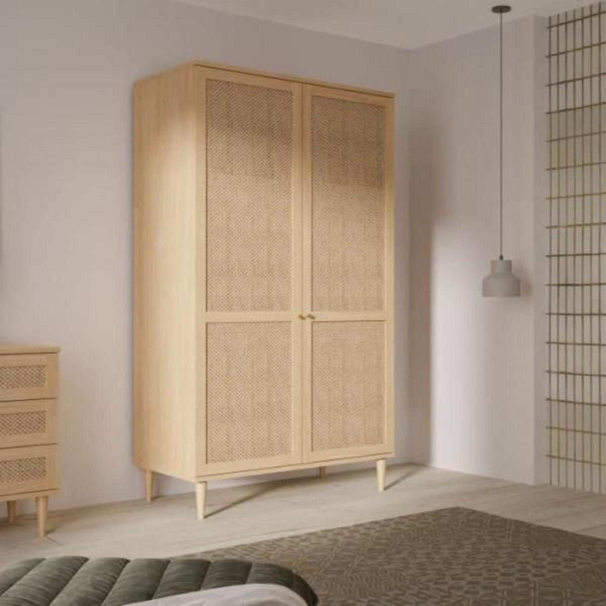 MARKET24 Armoire de chambre - 2 portes battantes - Décor Chene - Cannage - L110 x H208 x P54 cm - CALASETTA
