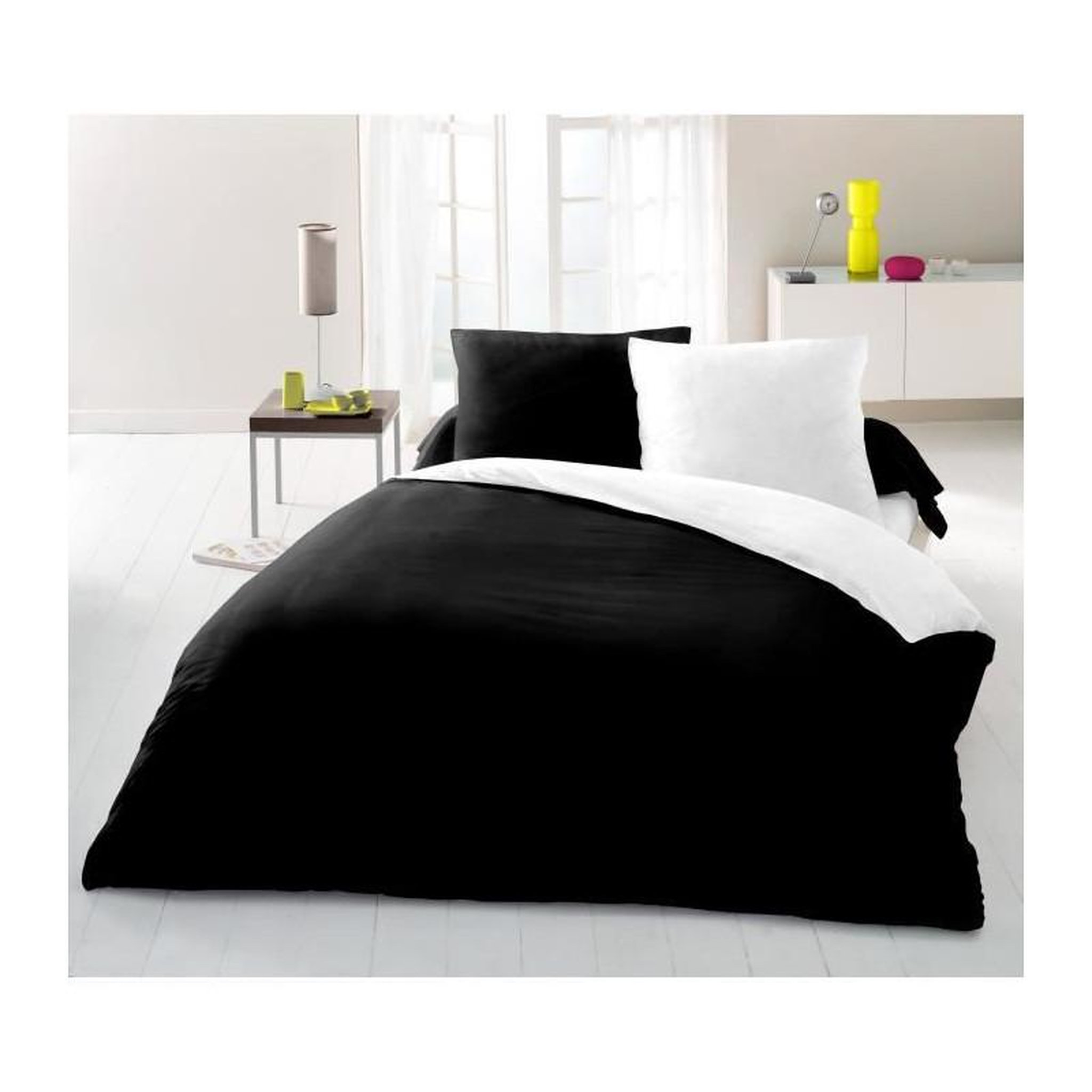 LOVELY HOME Parure housse de couette 2 personnes - 220x240 cm - 100% Coton - Bicolore Noir et blanc