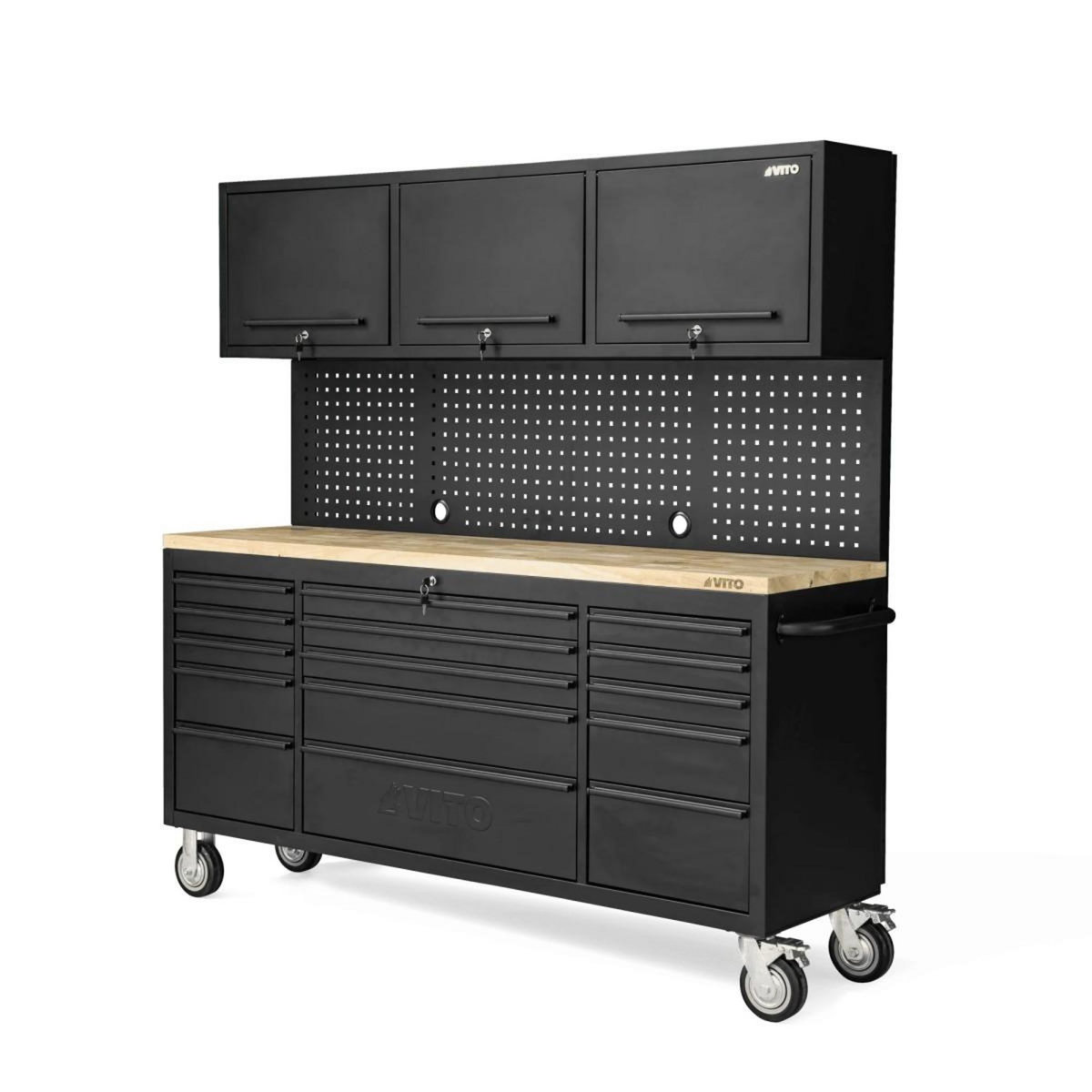 VITO Etabli d'atelier sur roues Armoire 3 Portes 182 x 51 x 186 cm 15 tiroirs à frein - Plan de travail Bois Charge 500kg - VITO