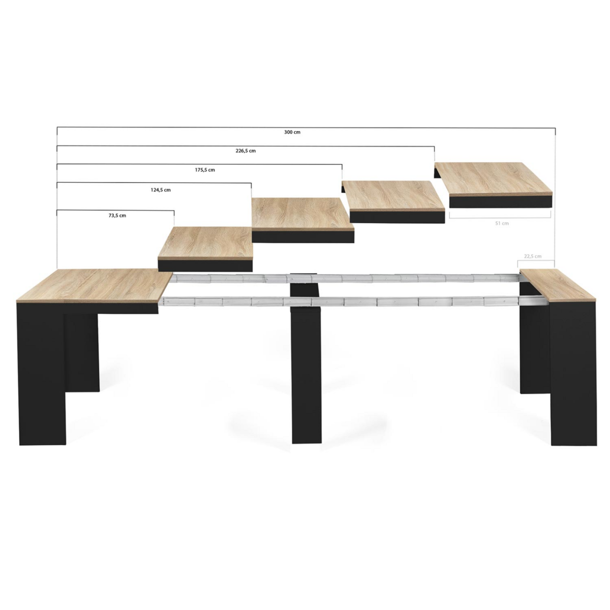 ID MARKET Table console extensible ORLANDO 14 personnes 300 cm bois noir et façon hêtre