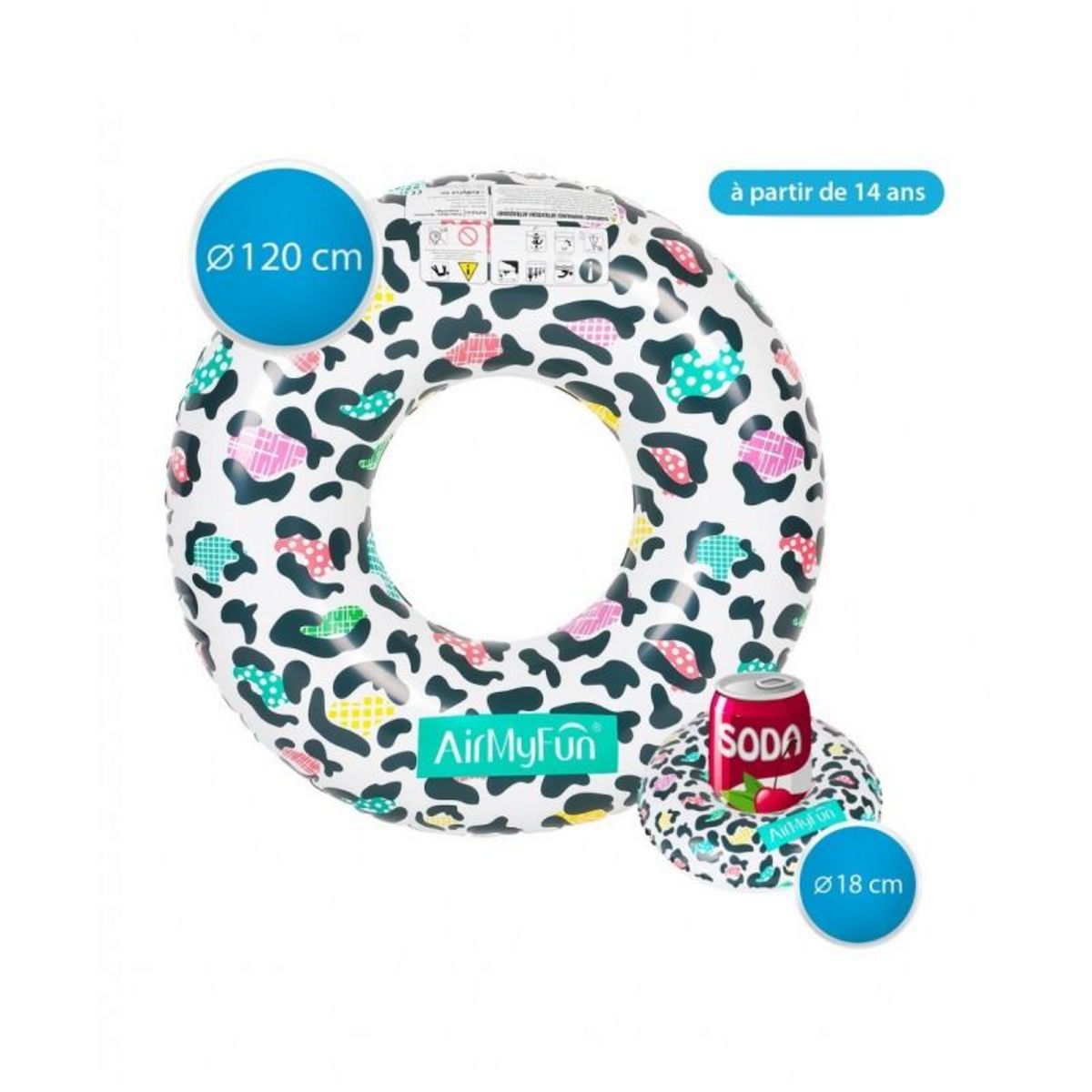 AIRMYFUN Bouée Gonflable XXL et Porte Boisson Gonflable pour Piscine & Plage - Pack Evasion Leopard