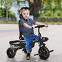 Voir la diapositive 2 : HOMCOM Tricycle enfant évolutif pliable - pare-soleil, canne télescopique amovible - siège pivotant, harnais, arceau sécurité - repose-pied - 3 paniers rangement - métal PP noir