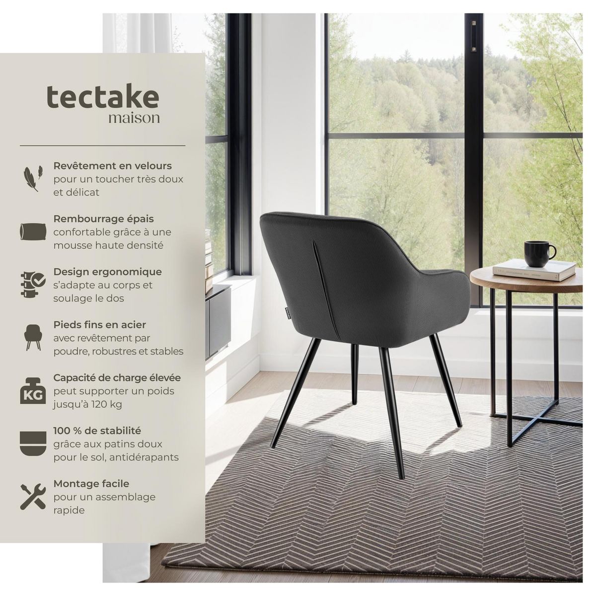tectake Chaise de salle à manger rembourrée en velours côtelé anthracite-noir