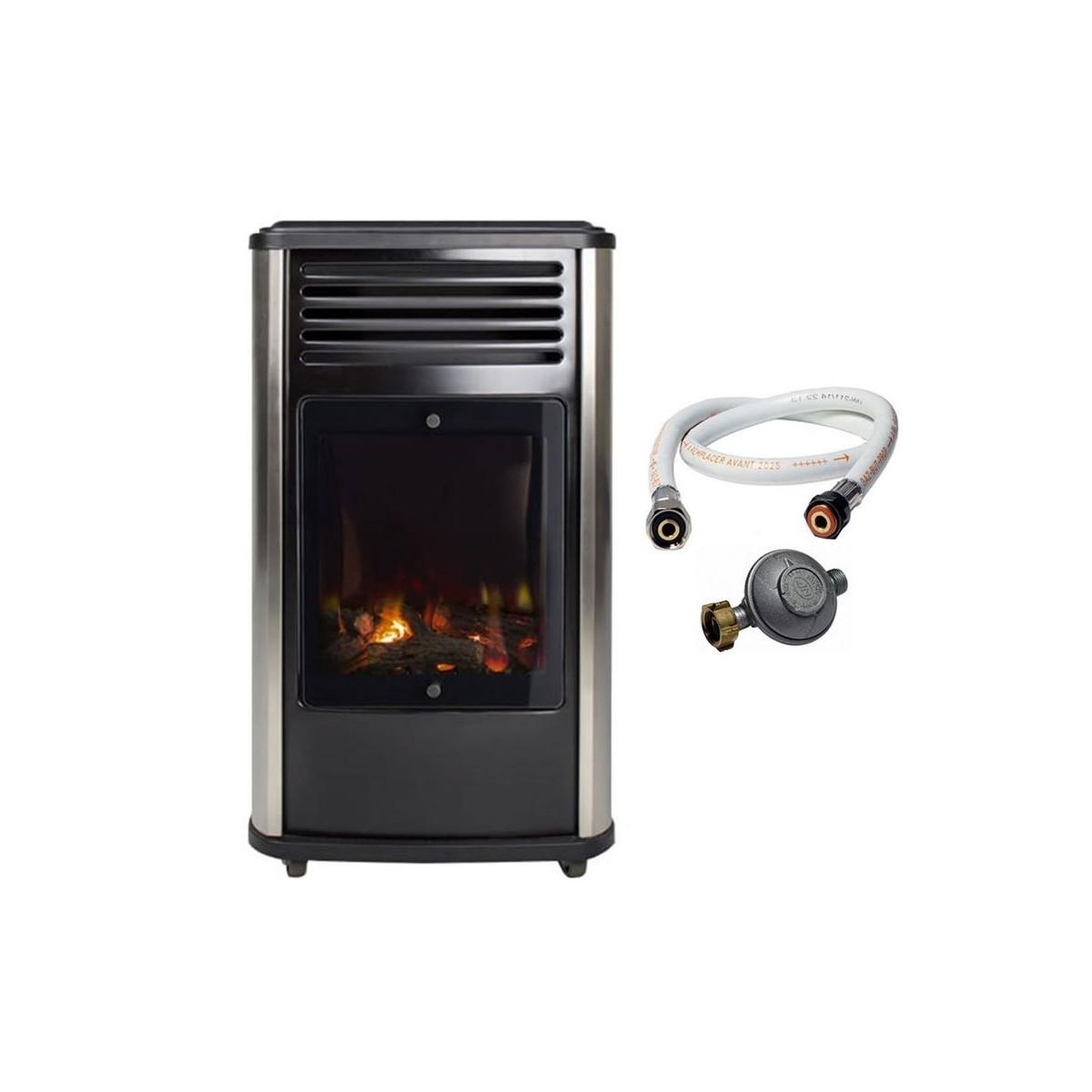 Voir la diapositive 1 : SAHARA Chauffage à gaz 3.4 KW mobile Noir Effet feu + Tuyau gaz + Détendeur butane Manhattan SAHARA