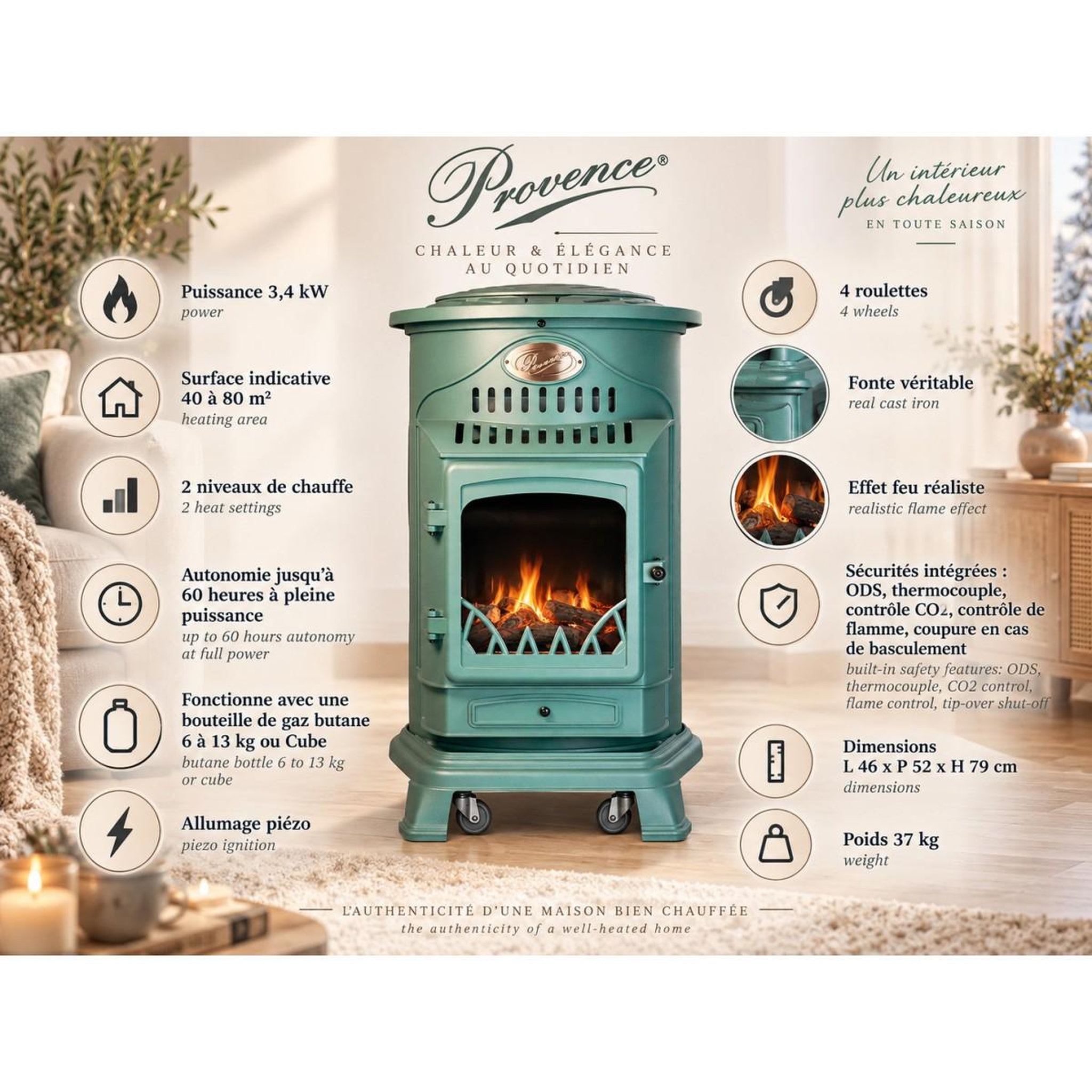 Voir la diapositive 4 : UNIVERSAL Poêle à gaz fonte véritable 3.4kw vert chauffage à gaz effet feu de bois provence sahara