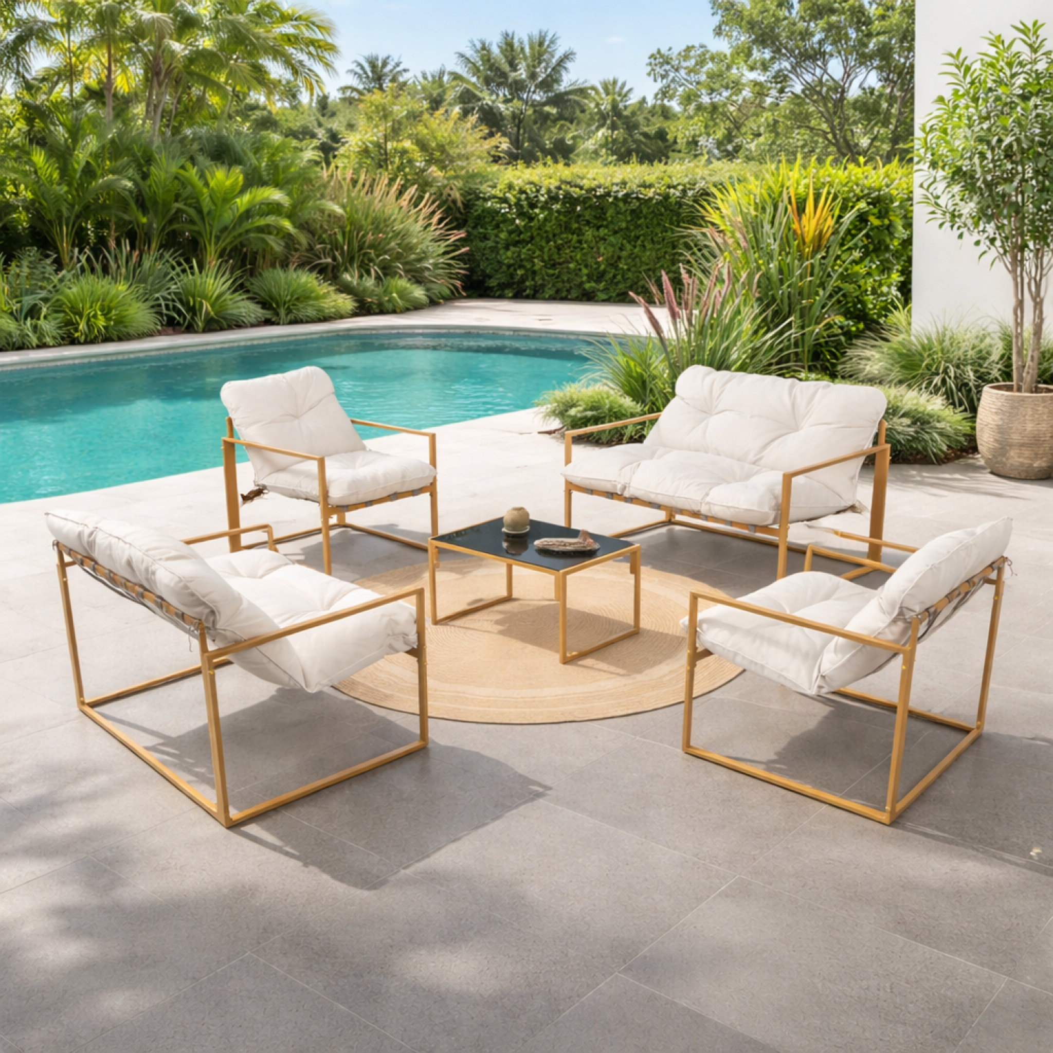 Voir la diapositive 2 : CONCEPT USINE Salon de jardin 6 places contemporain marron et coussins beiges rabat