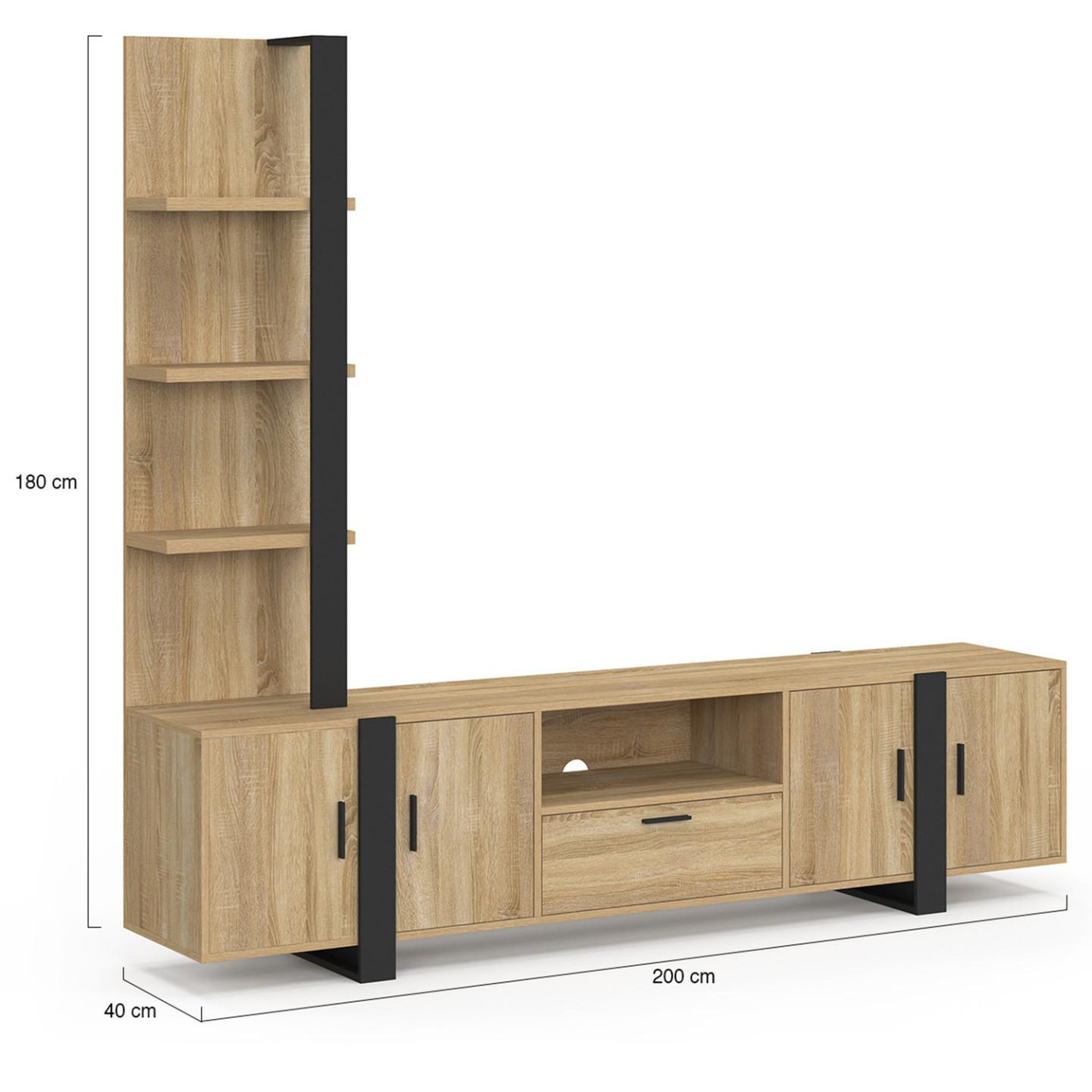 Voir la diapositive 5 : ID MARKET Ensemble meuble tv avec étagères et placard 200 cm phoenix bois et noir