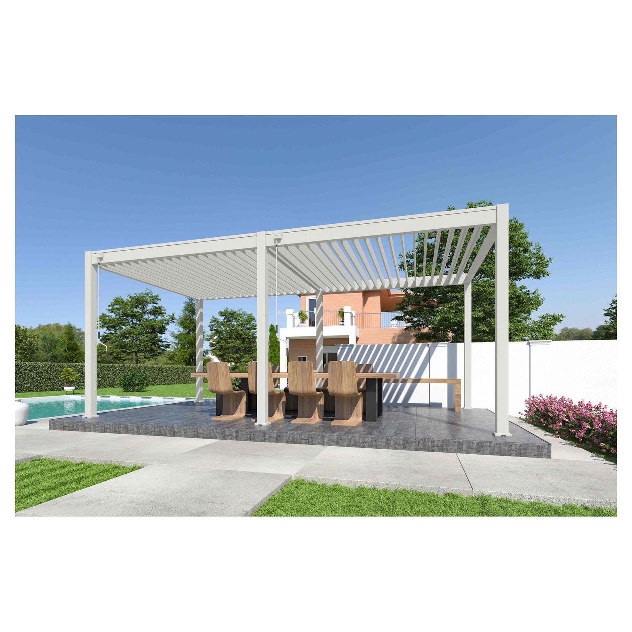 Voir la diapositive 7 : OMBREA Pergola bioclimatique autoportée 3x6 m - Aluminium - Blanc - VS OmBREA®