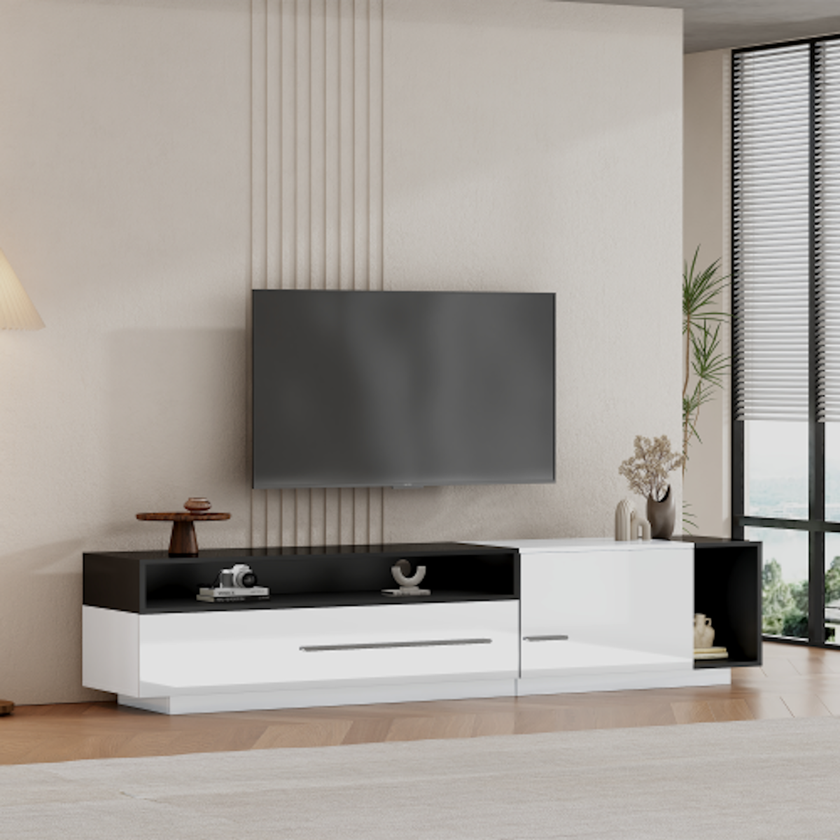 MERAX Meuble tv blanc+noir 170 cm panneau de particules
