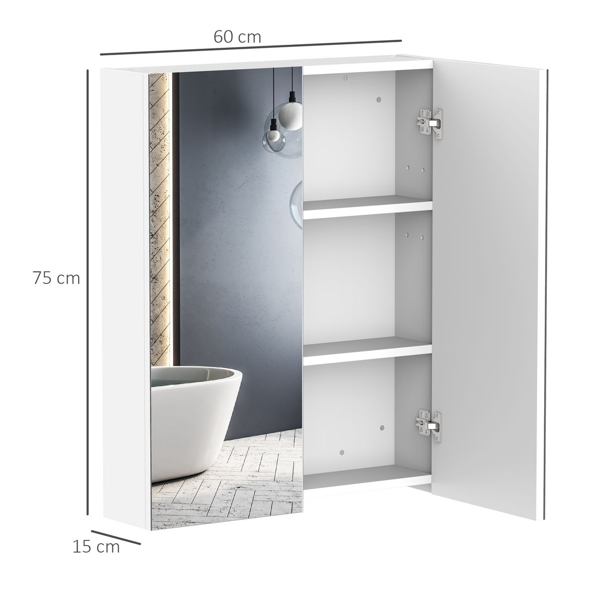 HOMCOM Armoire avec miroir en bois rangement salle de bain fermeture porte tampon MDF blanc
