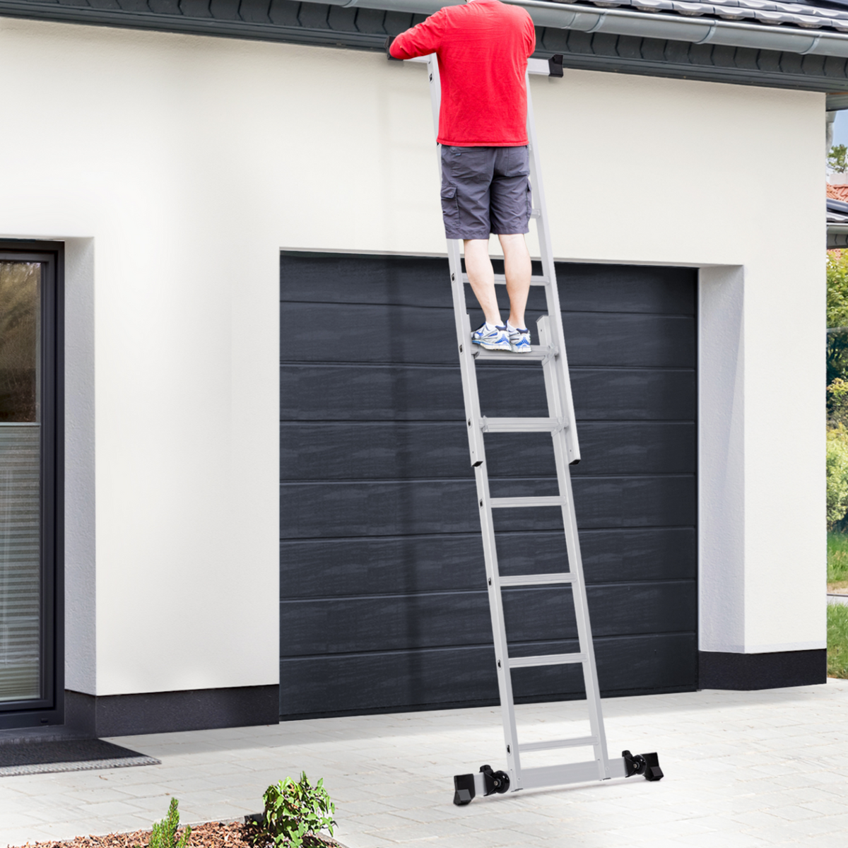 ID MARKET Échafaudage aluminium échelle multifonction avec plateforme modulable sur roues, hauteur 165 CM