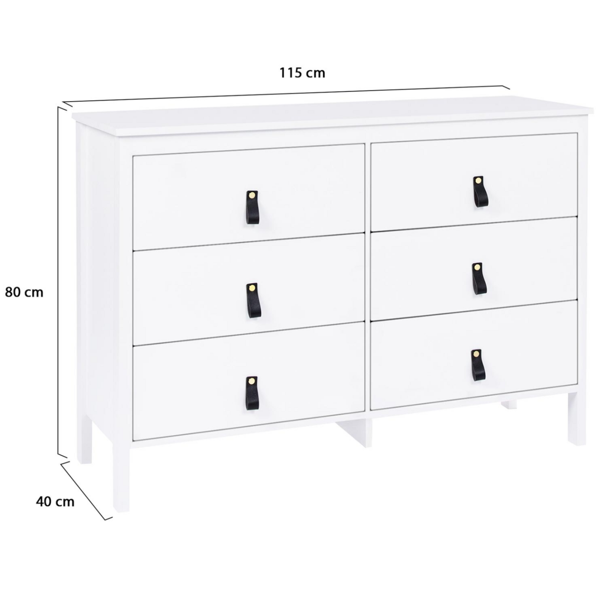 ID MARKET Commode 6 tiroirs MILANO 115 cm bois blanc avec poignée languette noire