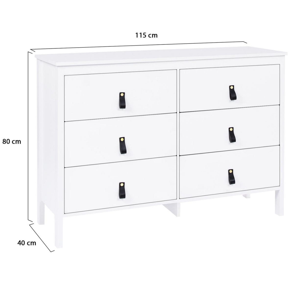 ID MARKET Commode 6 tiroirs MILANO 115 cm bois blanc avec poignée languette noire