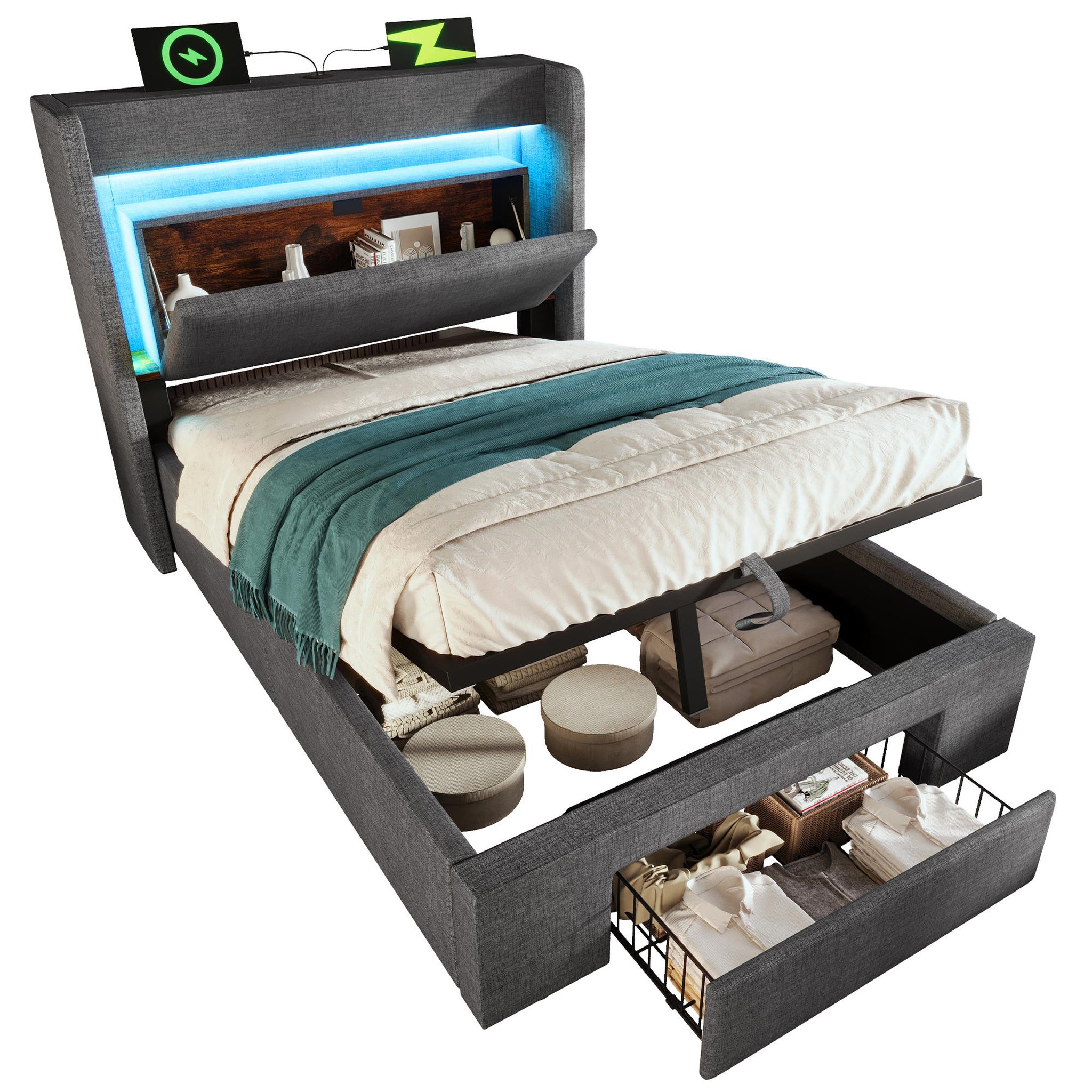 Voir la diapositive 1 : MERAX Lit coffre 90x200 cm en lin avec tête de lit rangement led usb usb-c et sommier à lattes