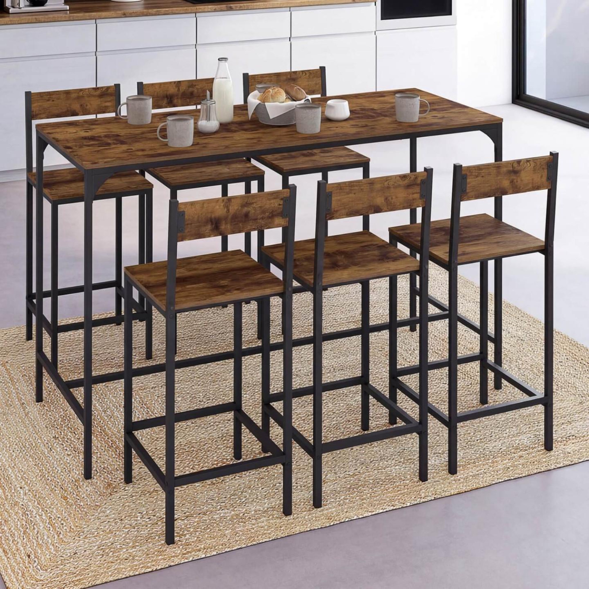 Voir la diapositive 2 : ID MARKET Ensemble table haute de bar dayton 150 cm et 6 tabourets avec dossier effet vieilli design industriel